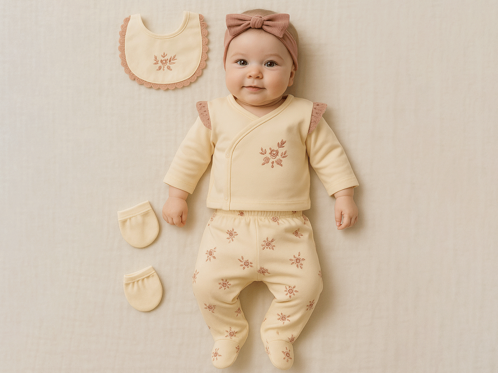  Çiçek Baskılı Yenidoğan Kız Bebe 5li Set