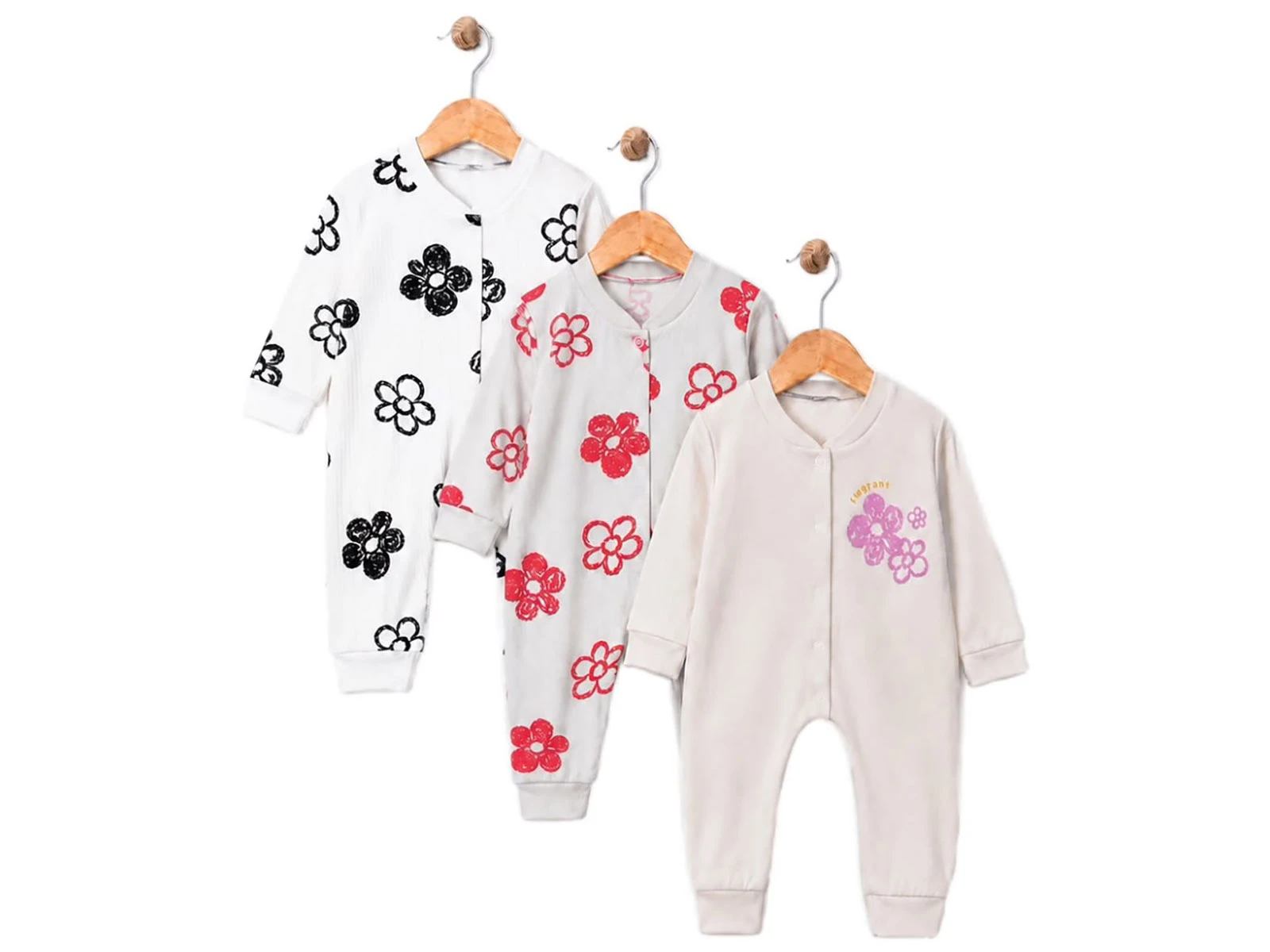 Toptan SÜPERMİNİ  Çiçek Desenli Kız Bebe Üçlü Tulum  Toptan Bebek Çocuk Giyim - Beniz Kids