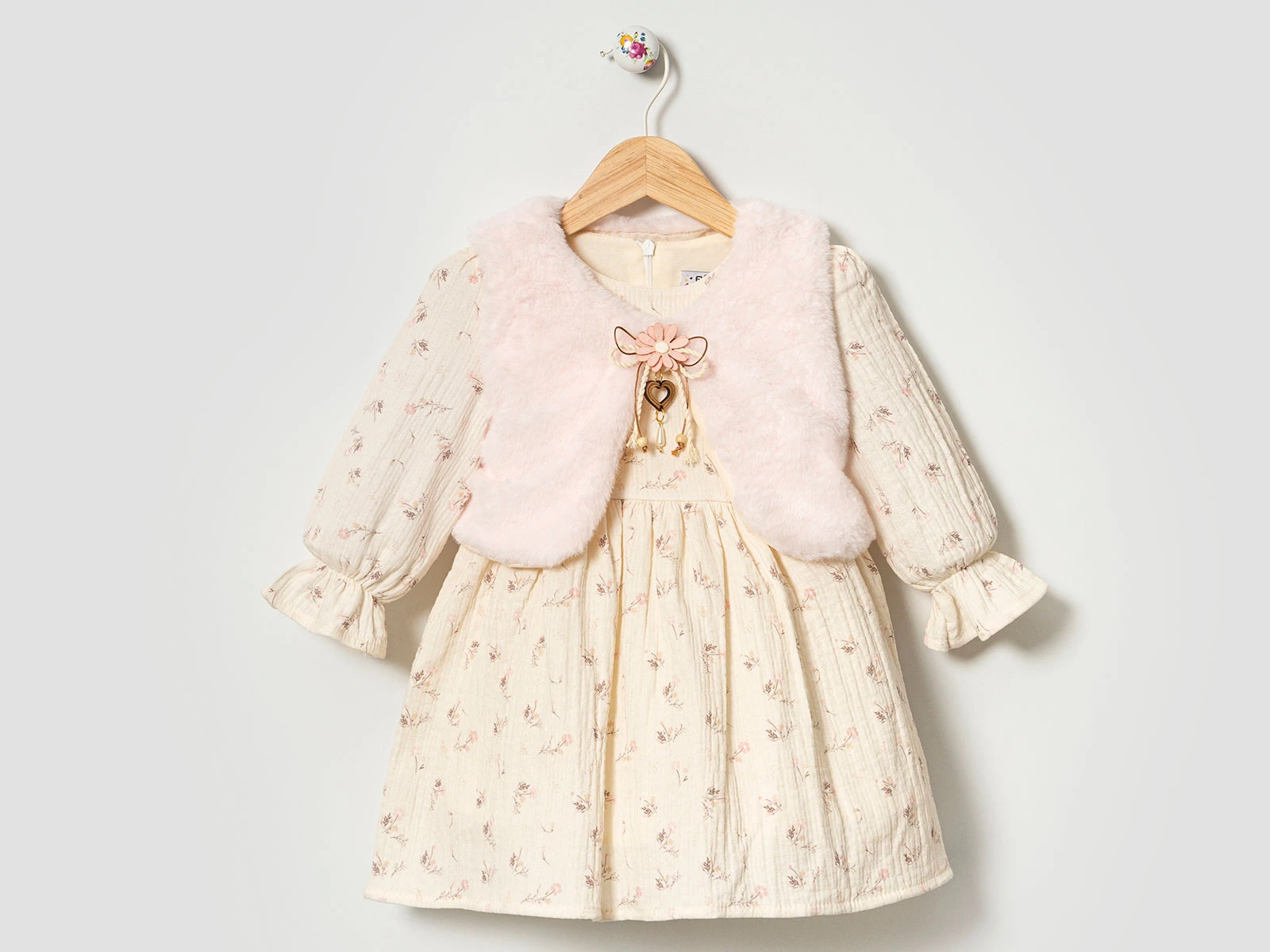 Toptan EBRULİ Çiçek Desenli Well Soft Yelekli Kız Elbise  Toptan Bebek Çocuk Giyim - Beniz Kids
