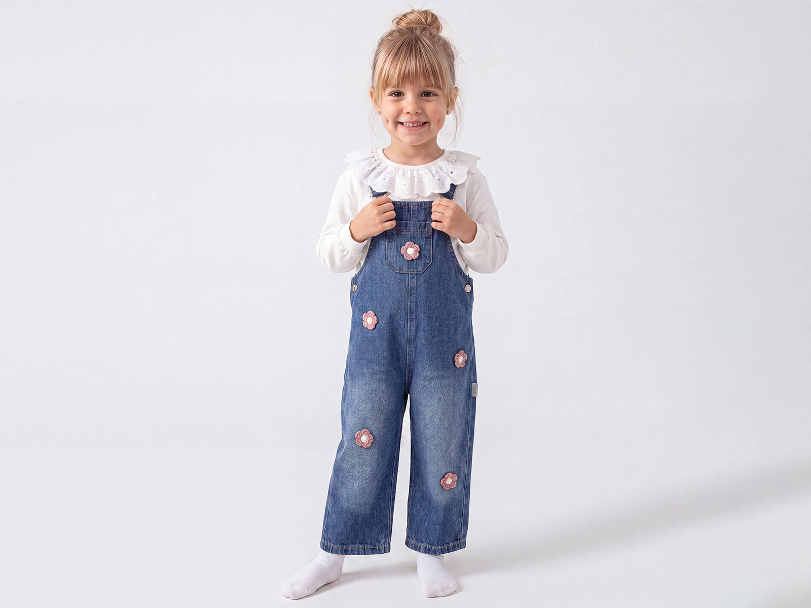 Toptan ÇİLEK BEBE Çiçek Detaylı Kot Bahçıvan Kız Salopet Set Toptan Bebek Çocuk Giyim - Beniz Kids