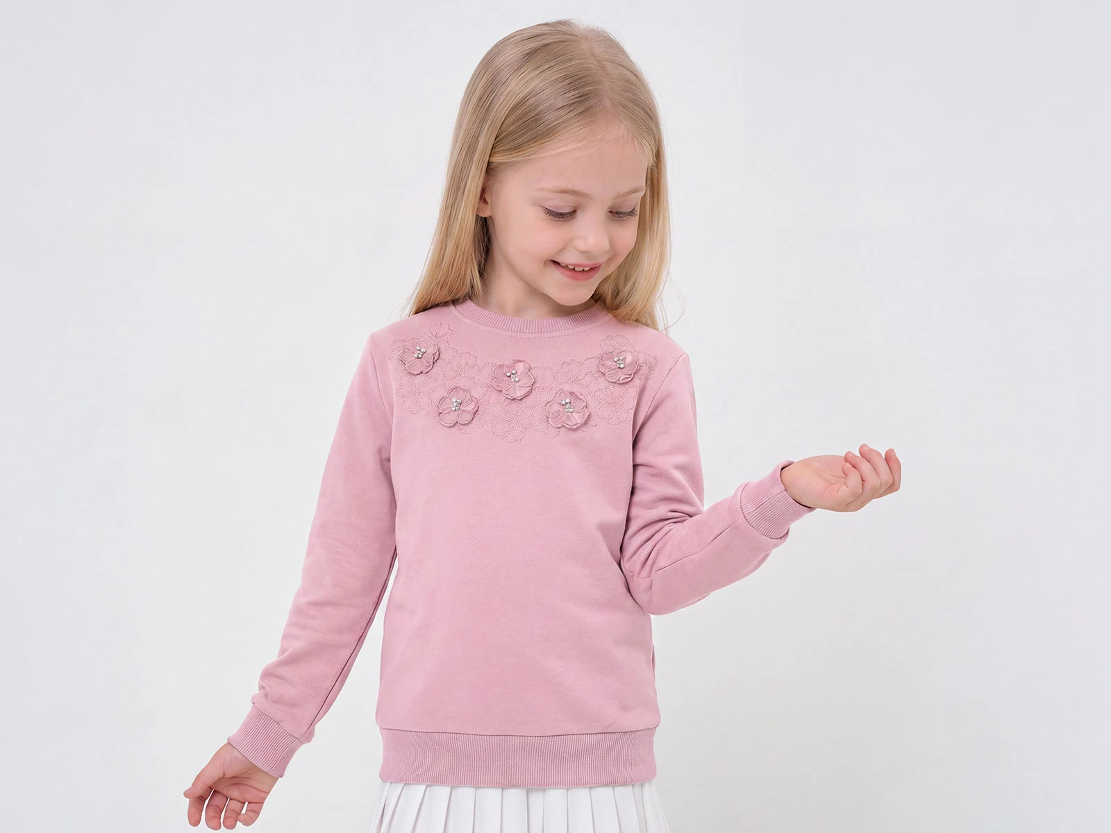 Toptan ENJOY BABY Çiçek Nakışlı Boncuk Detaylı 2 İp Şardonlu Kız Sweat  Toptan Bebek Çocuk Giyim - Beniz Kids