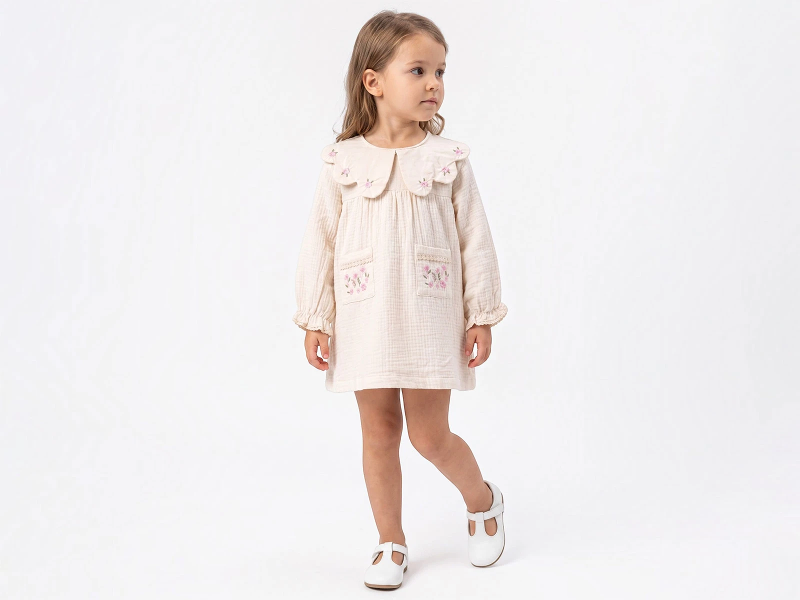 Toptan BAM-BİNO Çiçek Nakışlı Cepli Yakalı Elbise  Toptan Bebek Çocuk Giyim - Beniz Kids