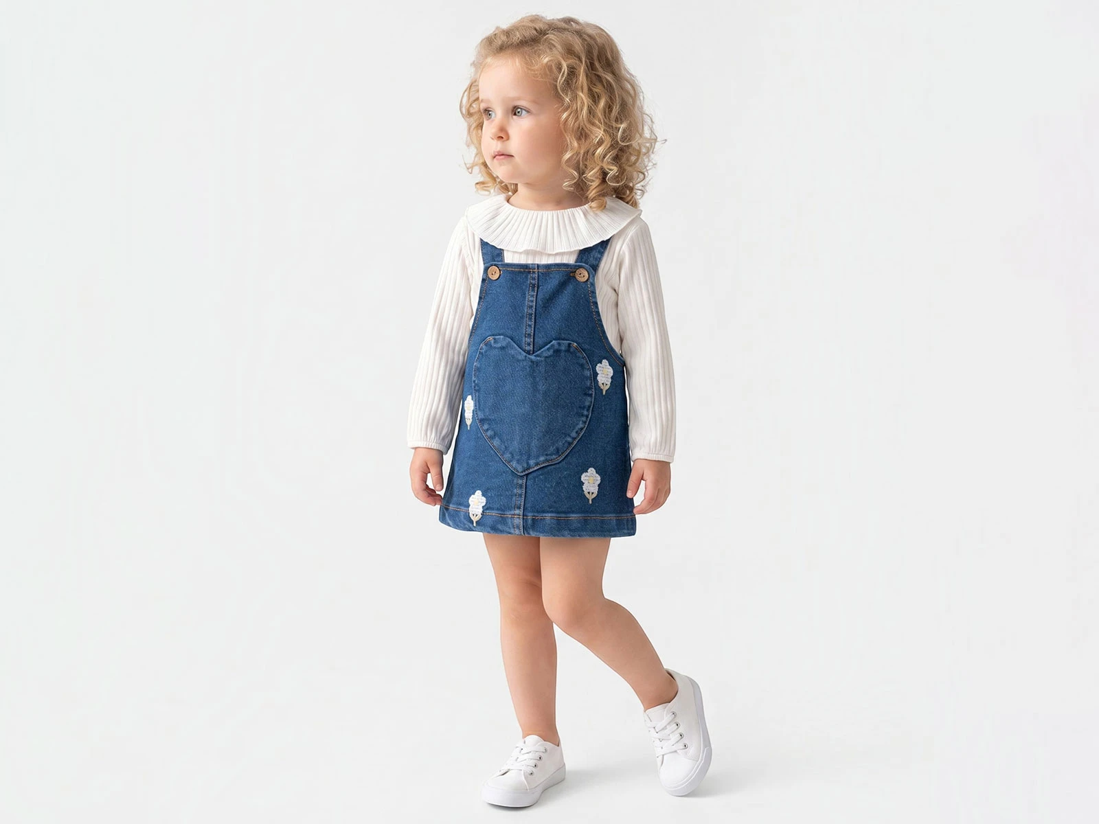 Toptan BAM-BİNO Çiçek Nakışlı Çizgili Kız Bebe Kot Elbise  Toptan Bebek Çocuk Giyim - Beniz Kids