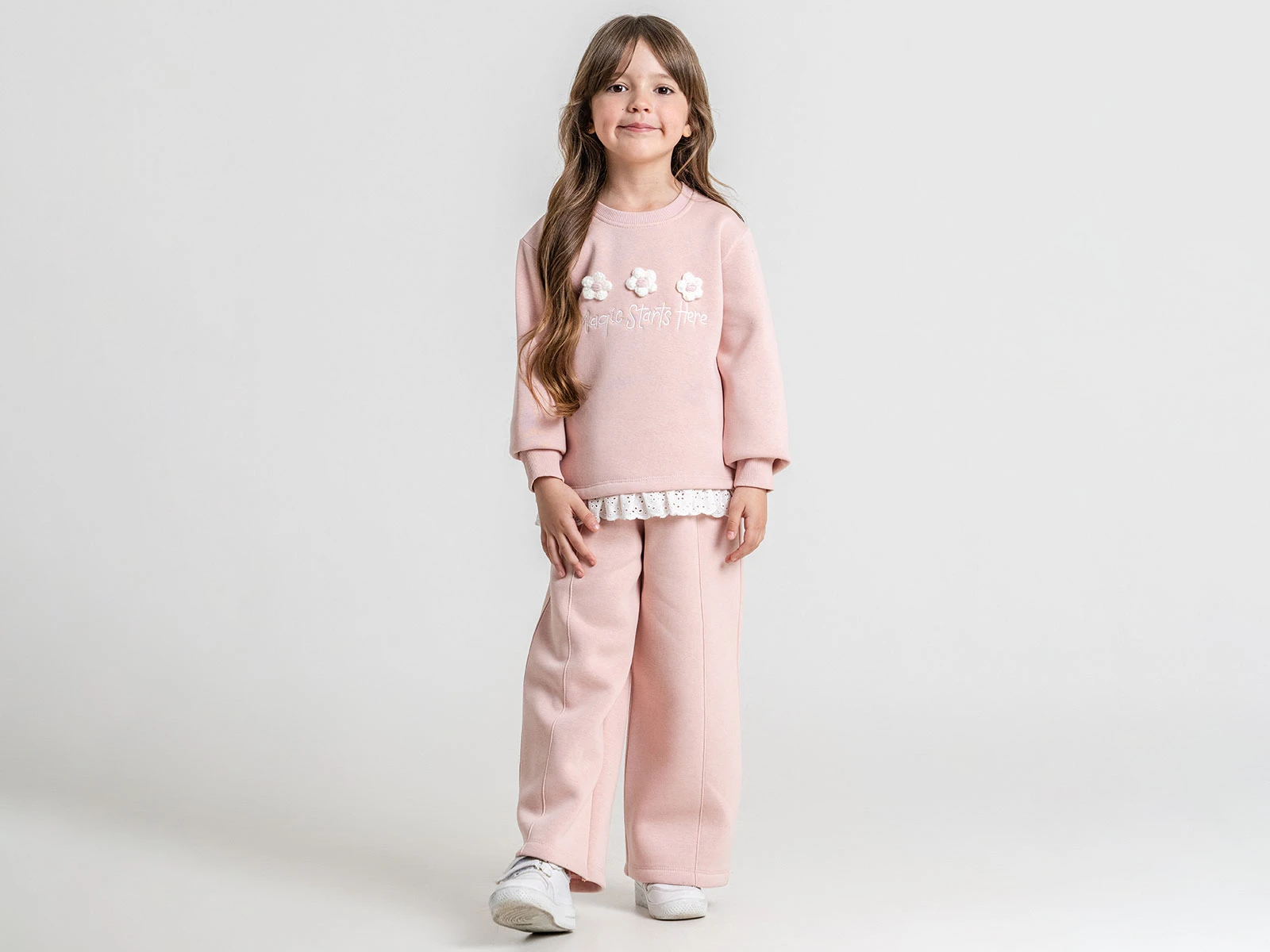 Toptan PAMPAL KİDS Çiçek Nakışlı Dantel Detaylı 3 İp Şardonlu Kız Takım  Toptan Bebek Çocuk Giyim - Beniz Kids