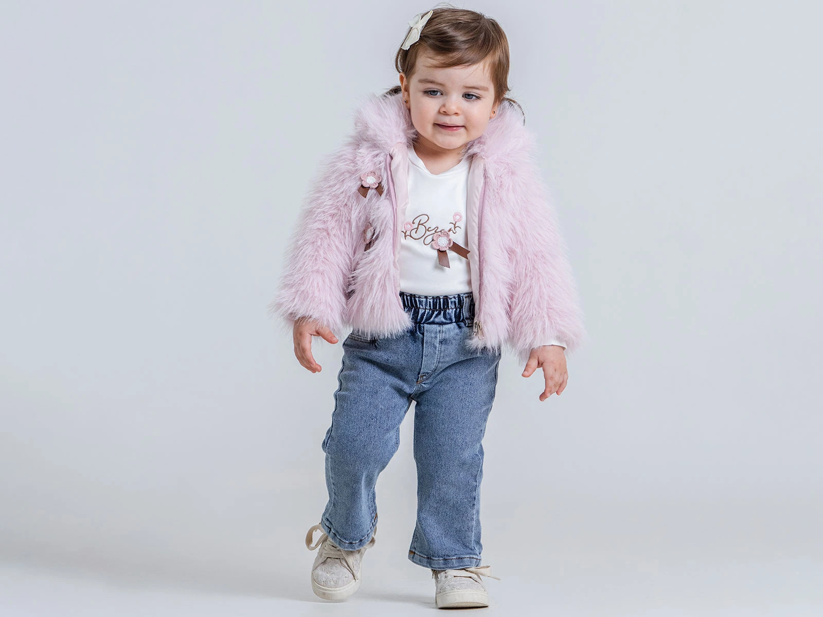 Toptan PAMPAL KİDS Çiçek Nakışlı Fermuarlı Tüylü Ceketli Kız Bebe Üçlü Takım  Toptan Bebek Çocuk Giyim - Beniz Kids