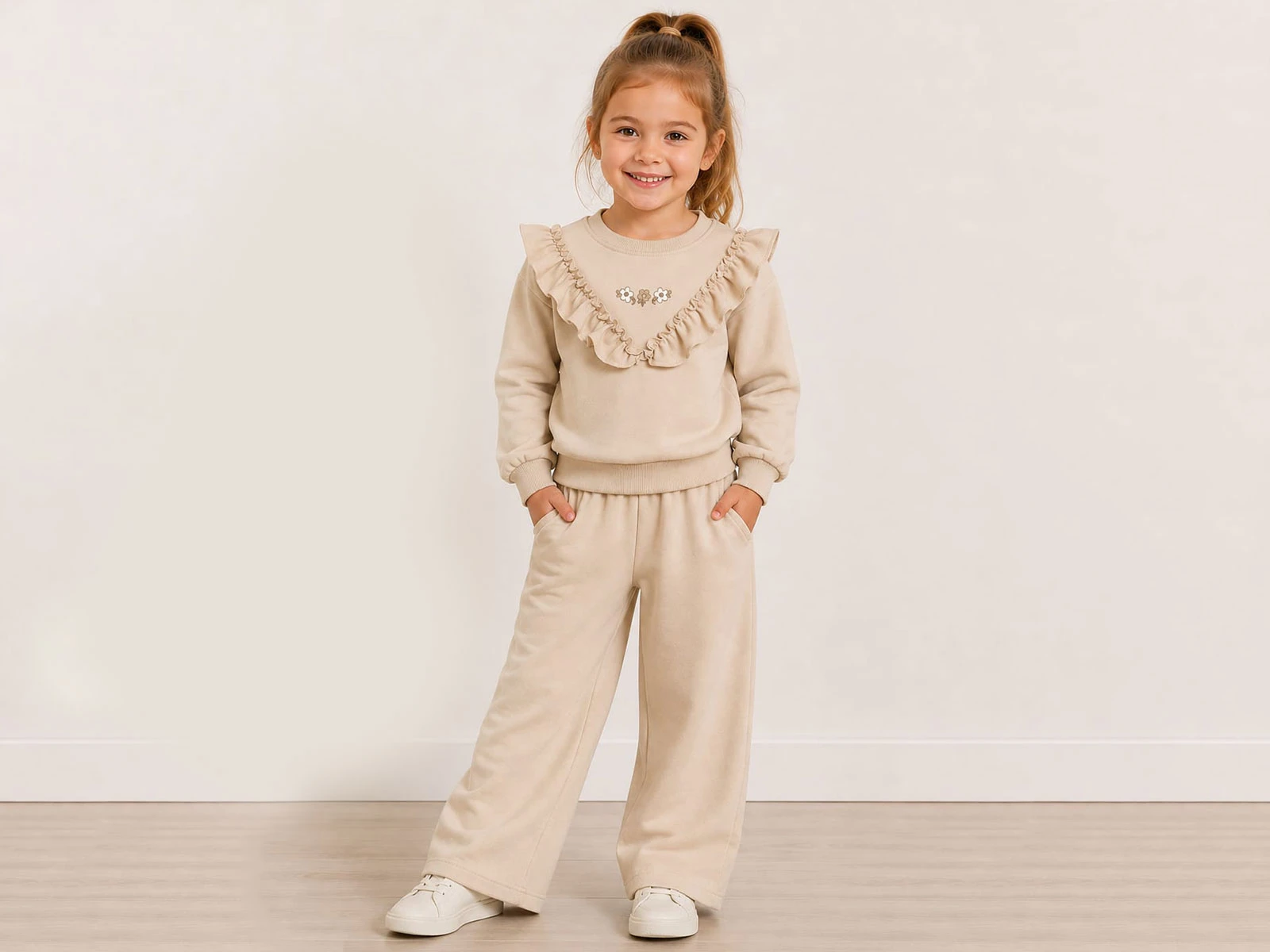 Toptan ECOLKIZ Çiçek Nakışlı Fırfır Detaylı Kız Takım  Toptan Bebek Çocuk Giyim - Beniz Kids