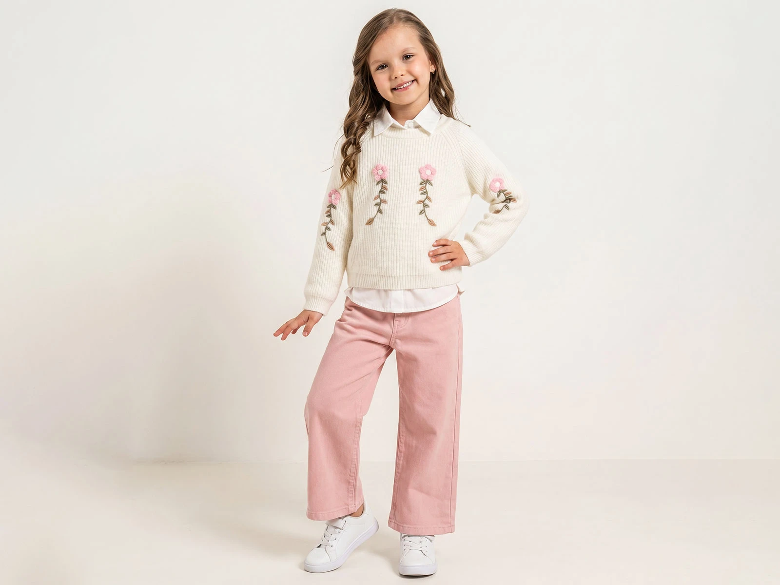 Toptan PAMPAL KİDS Çiçek Nakışlı Gömlekli Kız Üçlü Takım  Toptan Bebek Çocuk Giyim - Beniz Kids