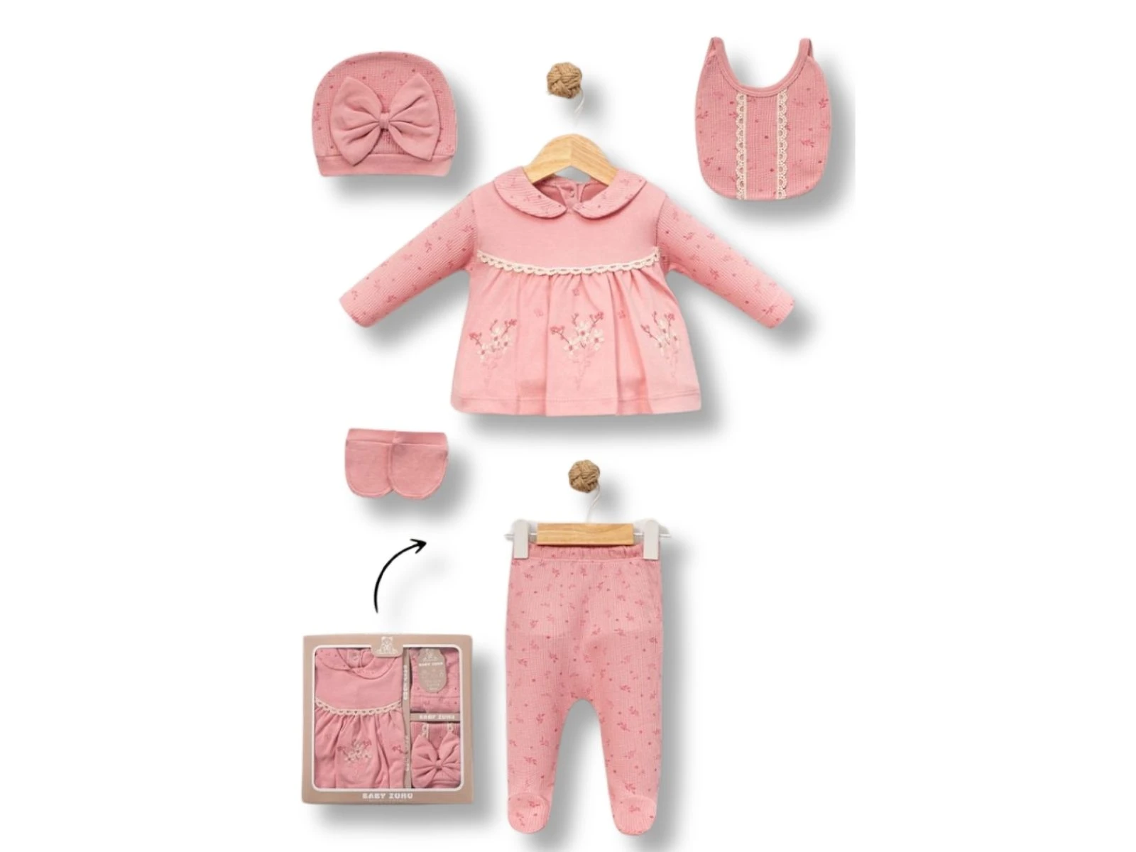 Çiçek Nakışlı Kız Bebe Hastane Çıkışı 5li Set