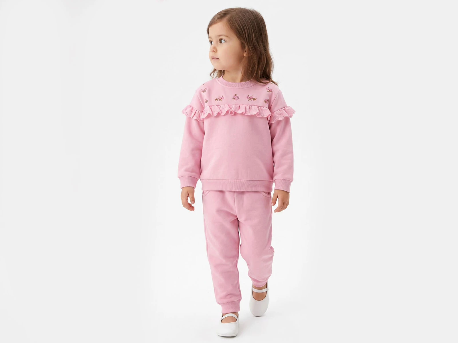 Toptan VOVİDO Çiçek Nakışlı Şardonlu 3 İp Kız Takım Toptan Bebek Çocuk Giyim - Beniz Kids