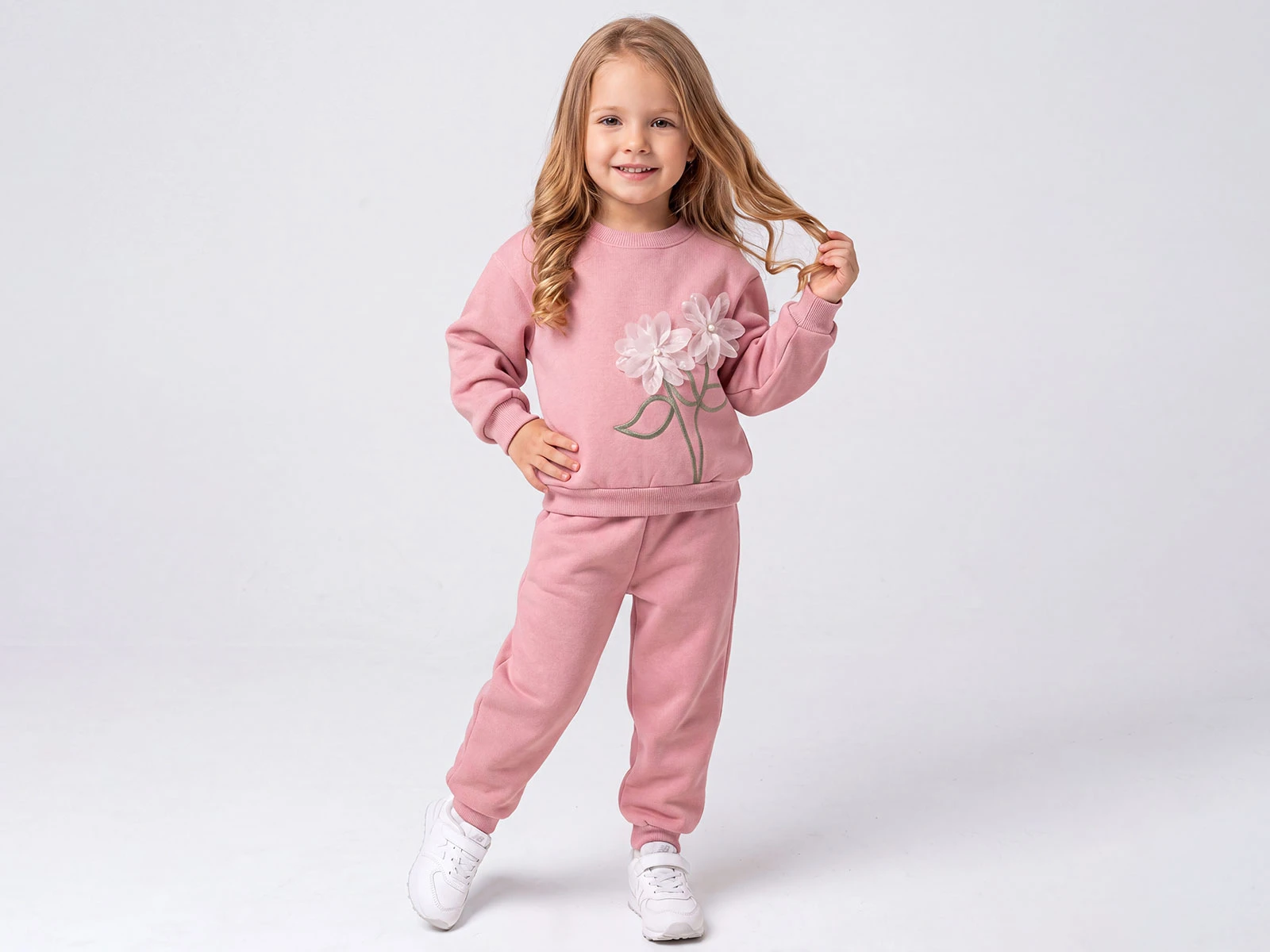 Toptan FEELY KİDS Çiçek Nakışlı Taş Detaylı 3 İp Şardonlu Kız Takım   Toptan Bebek Çocuk Giyim - Beniz Kids