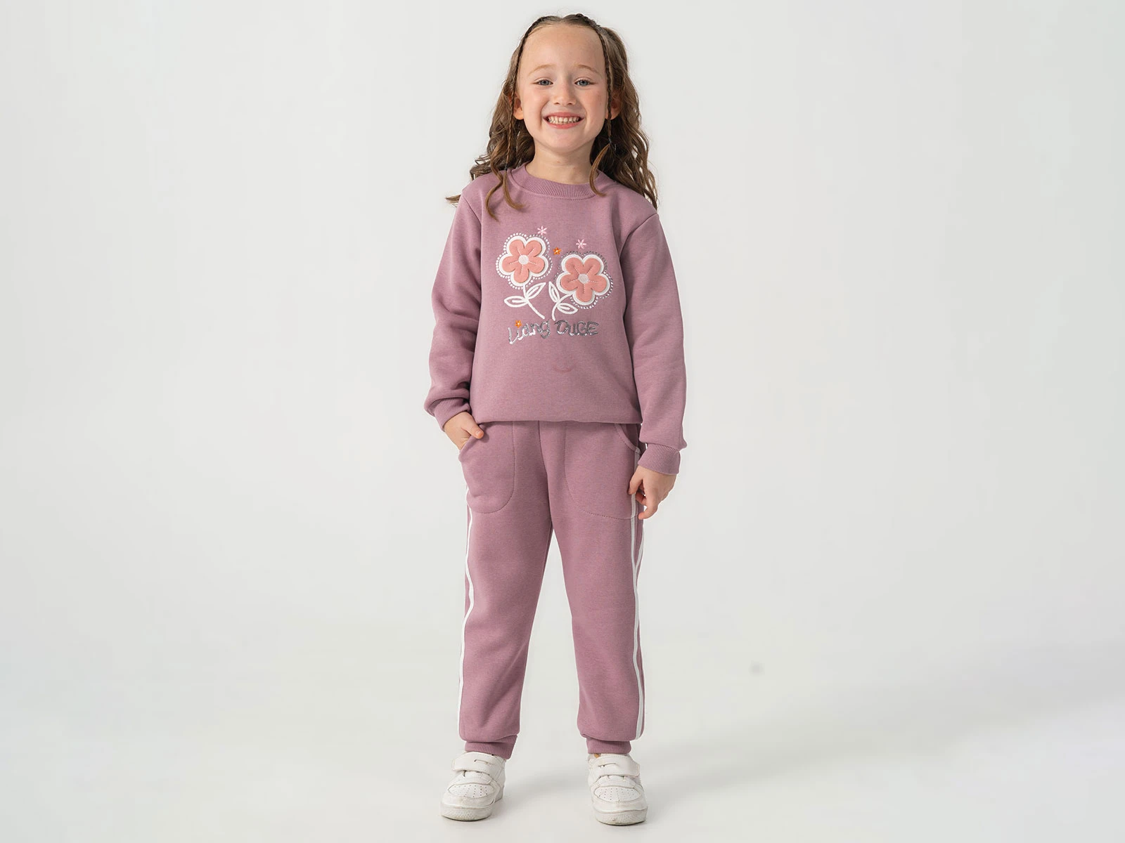 Toptan BURÇ BEBE Çiçek Nakışlı Taş Detaylı 3 İp Şardonlu Kız Takım   Toptan Bebek Çocuk Giyim - Beniz Kids