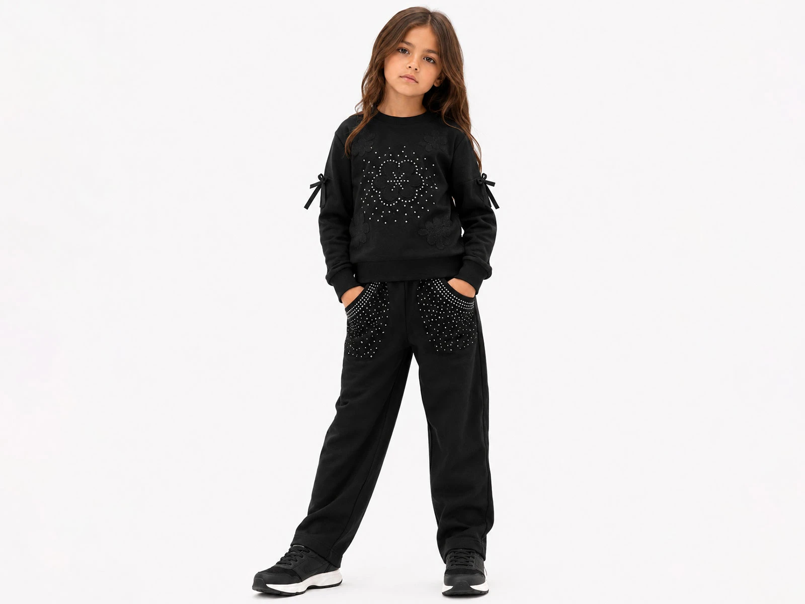 Toptan LADY GOLD Çiçek Nakışlı Taş Detaylı Kız Takım  Toptan Bebek Çocuk Giyim - Beniz Kids