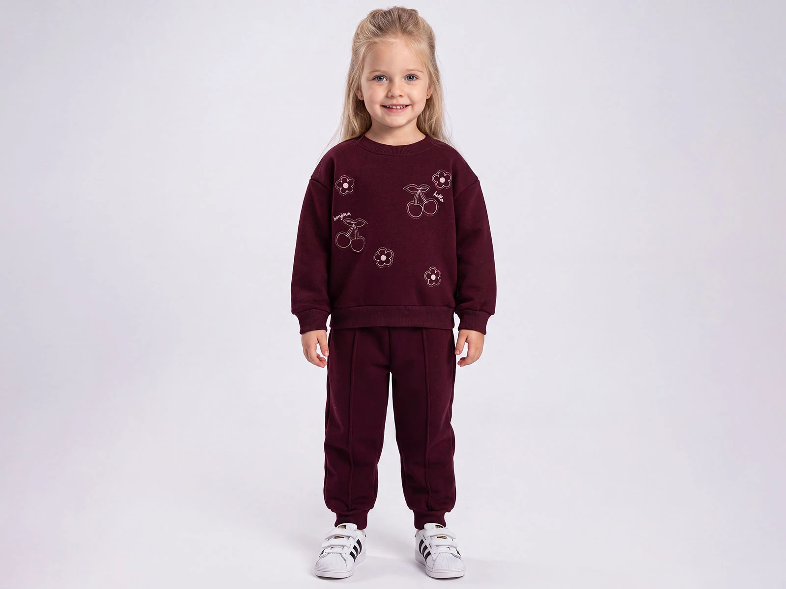 Toptan FEELY KİDS Çiçek & Vişne Nakışlı 3 İp Şardonlu Kız Takım  Toptan Bebek Çocuk Giyim - Beniz Kids