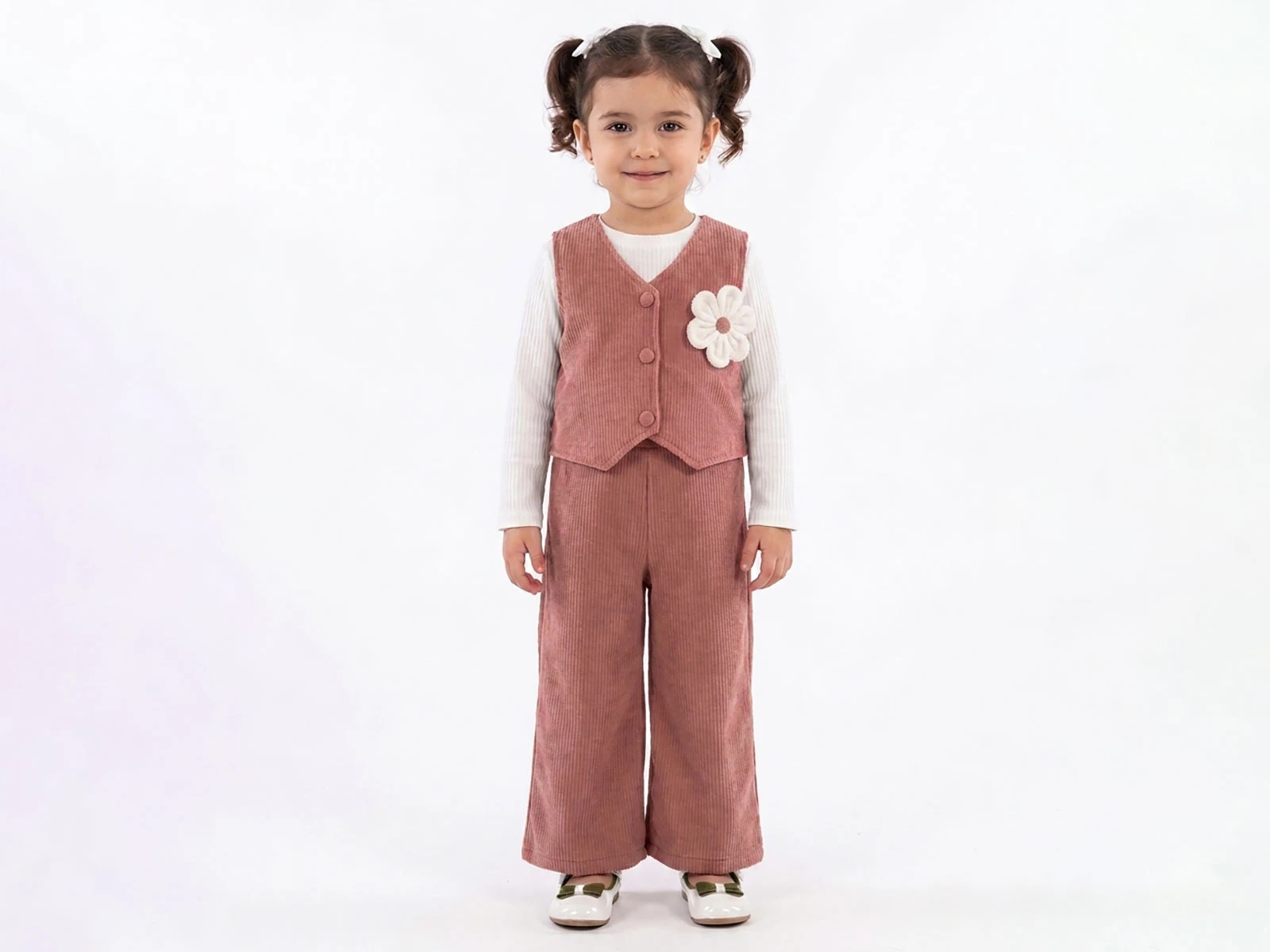 Toptan ÇİLEK BEBE Çiçey Detaylı Yelekli Kadife Üçlü Kız Takım Toptan Bebek Çocuk Giyim - Beniz Kids