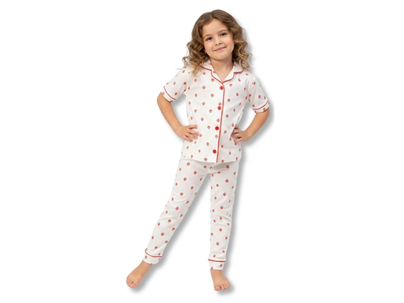 Çilek Desenli Yakalı Düğmeli Kız Pijama Takım