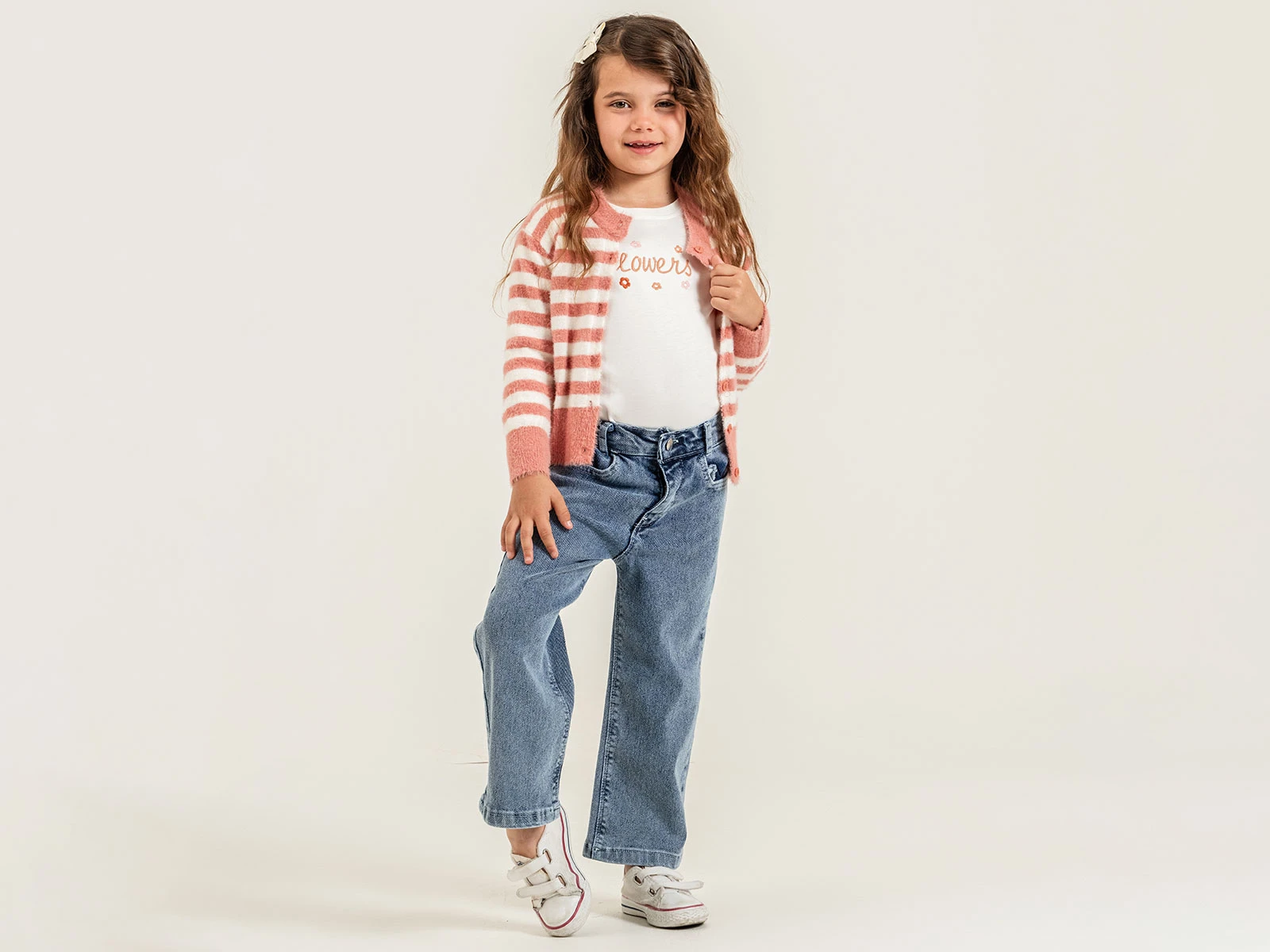 Toptan PAMPAL KİDS Çizgi Desenli Triko Hırkalı Kız Üçlü Takım  Toptan Bebek Çocuk Giyim - Beniz Kids