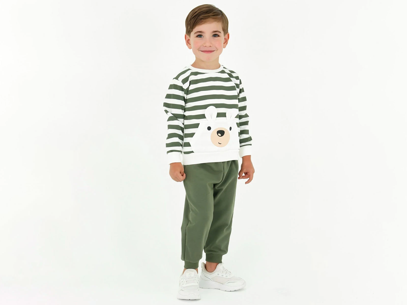 Toptan BICIR KİDS Çizgili Ayıcık Baskılı Erkek Takım  Toptan Bebek Çocuk Giyim - Beniz Kids