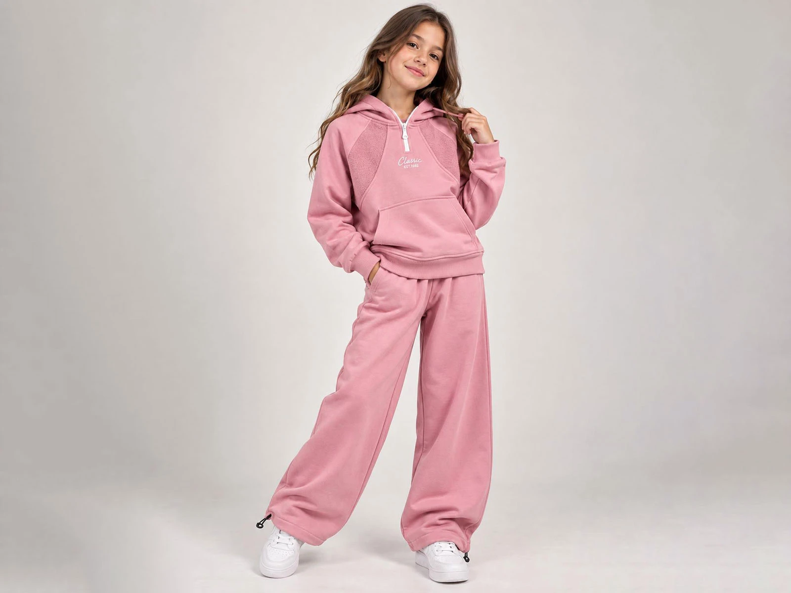 Toptan ÖZ BEBE Classic Baskılı Kapşonlu Kız Takım Toptan Bebek Çocuk Giyim - Beniz Kids