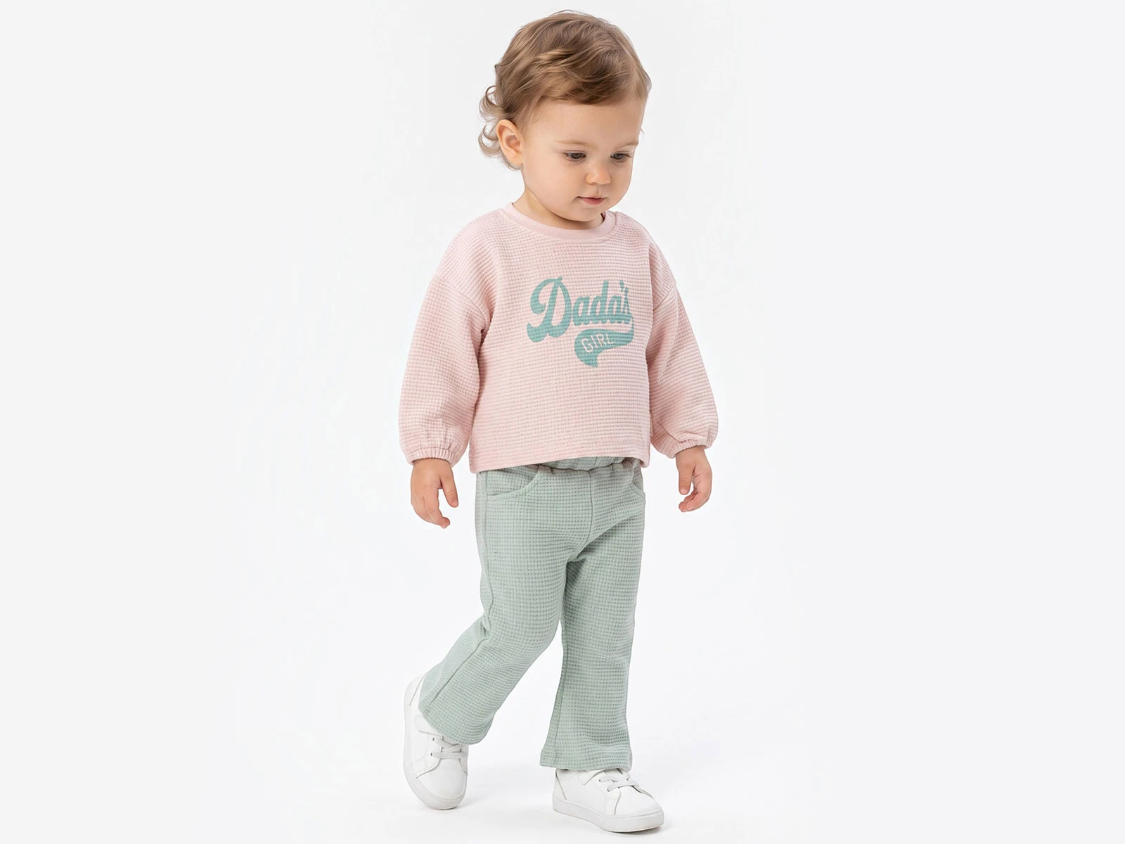 Toptan BAM-BİNO Dada's Baskılı Waffle Kız Takım  Toptan Bebek Çocuk Giyim - Beniz Kids