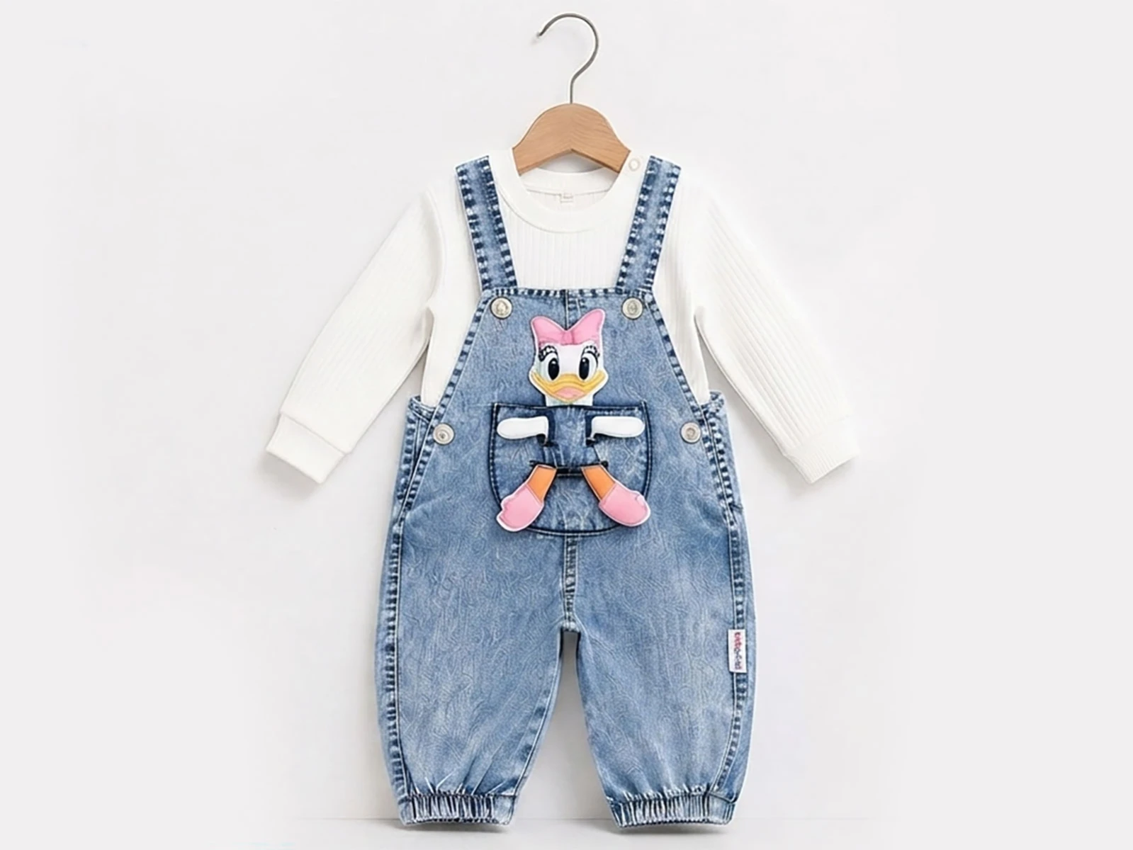 Toptan BABY İCON Daisy Duck Detaylı Kız Bebek Kot Salopet Set Toptan Bebek Çocuk Giyim - Beniz Kids