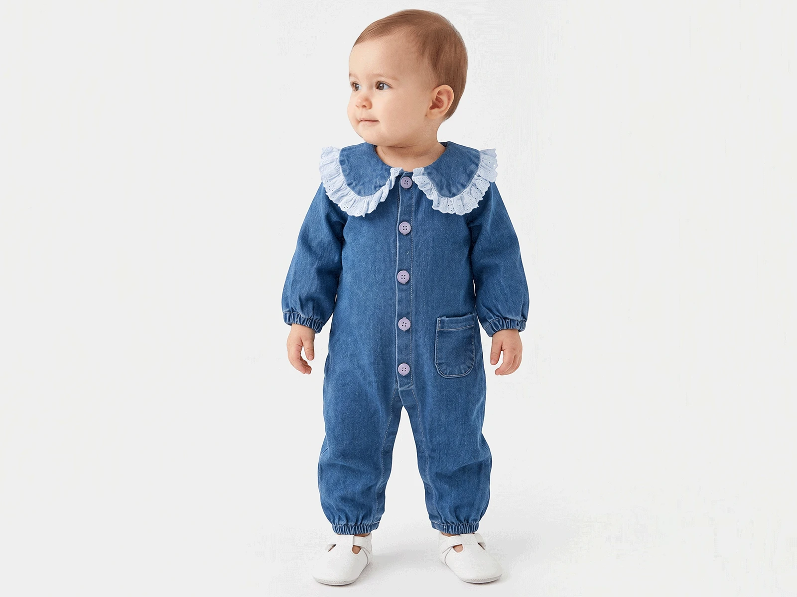 Toptan BAM-BİNO Dantelli Yakalı Kot Kız Bebe Tulum  Toptan Bebek Çocuk Giyim - Beniz Kids