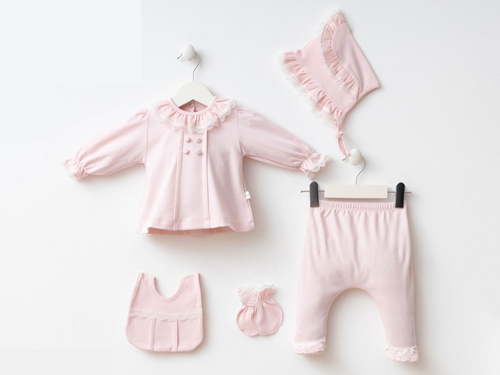 Toptan MİNİZEYN Dantelli Yenidoğan  Kız Bebe  5li Set Toptan Bebek Çocuk Giyim - Beniz Kids