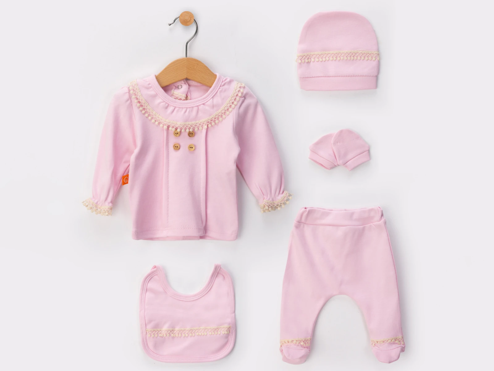 Dantelli Yenidoğan Kız Bebe 5li Set