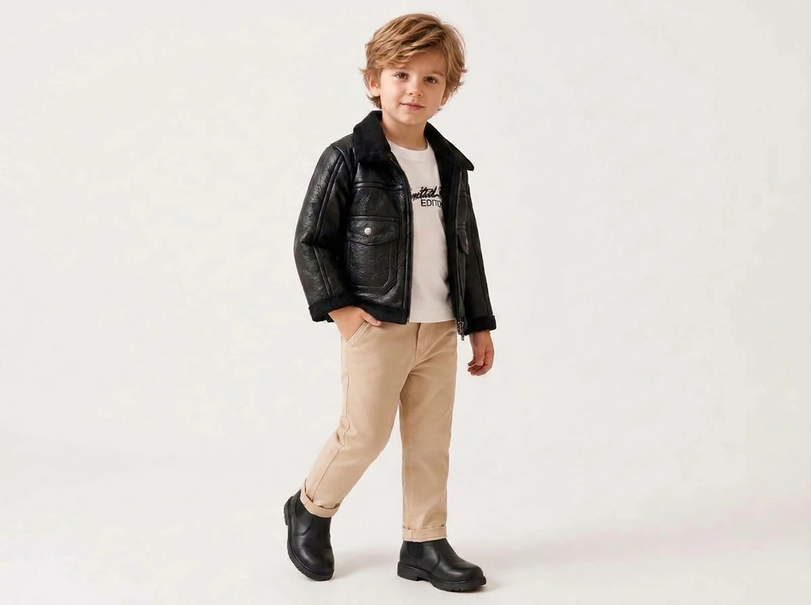 Toptan CANÖZ Deri Ceketli 3'lü Erkek Çocuk Takım Toptan Bebek Çocuk Giyim - Beniz Kids