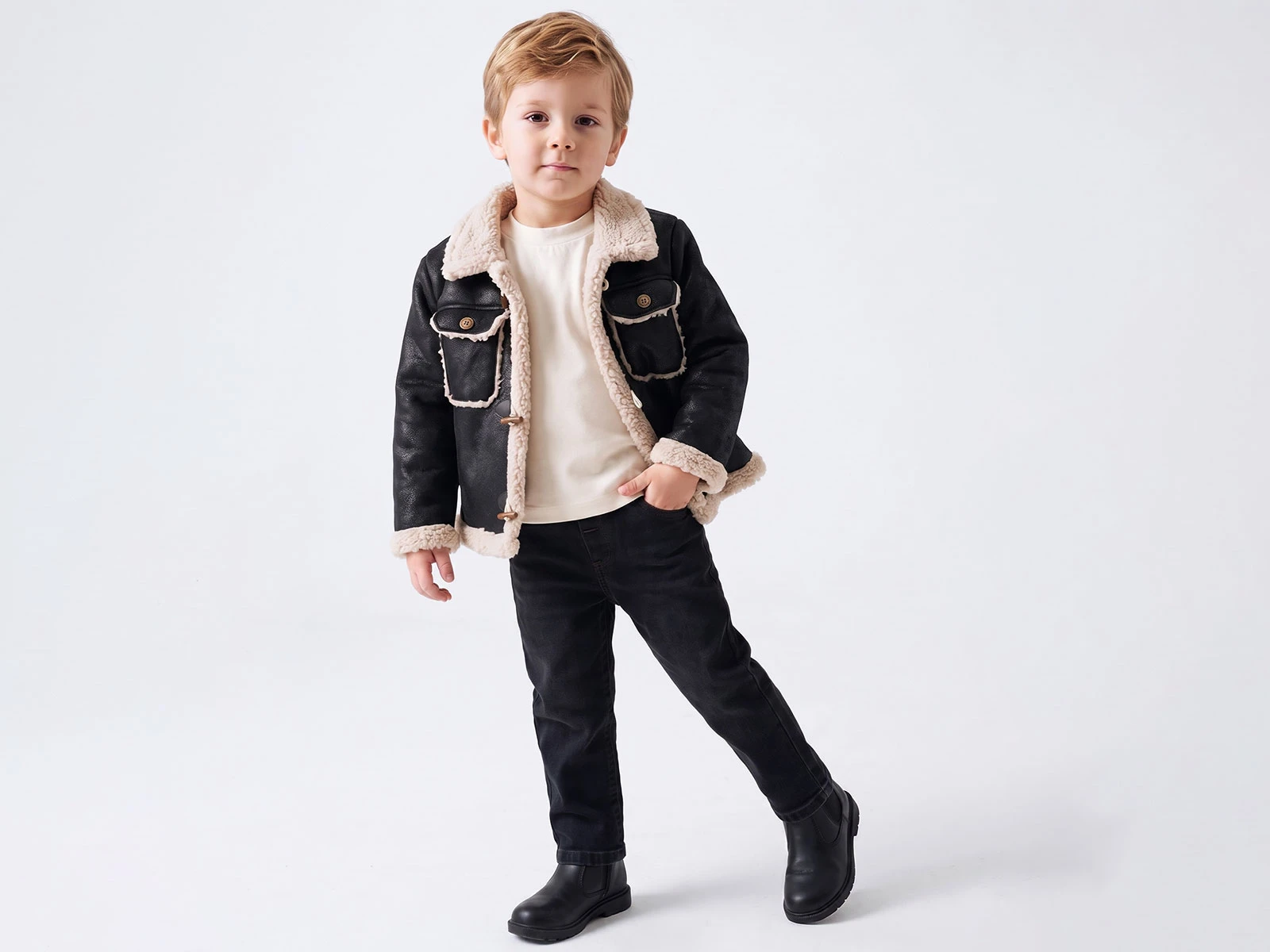 Toptan CANÖZ Deri Ceketli Cepli Well Soft İçli Erkek Üçlü Takım  Toptan Bebek Çocuk Giyim - Beniz Kids