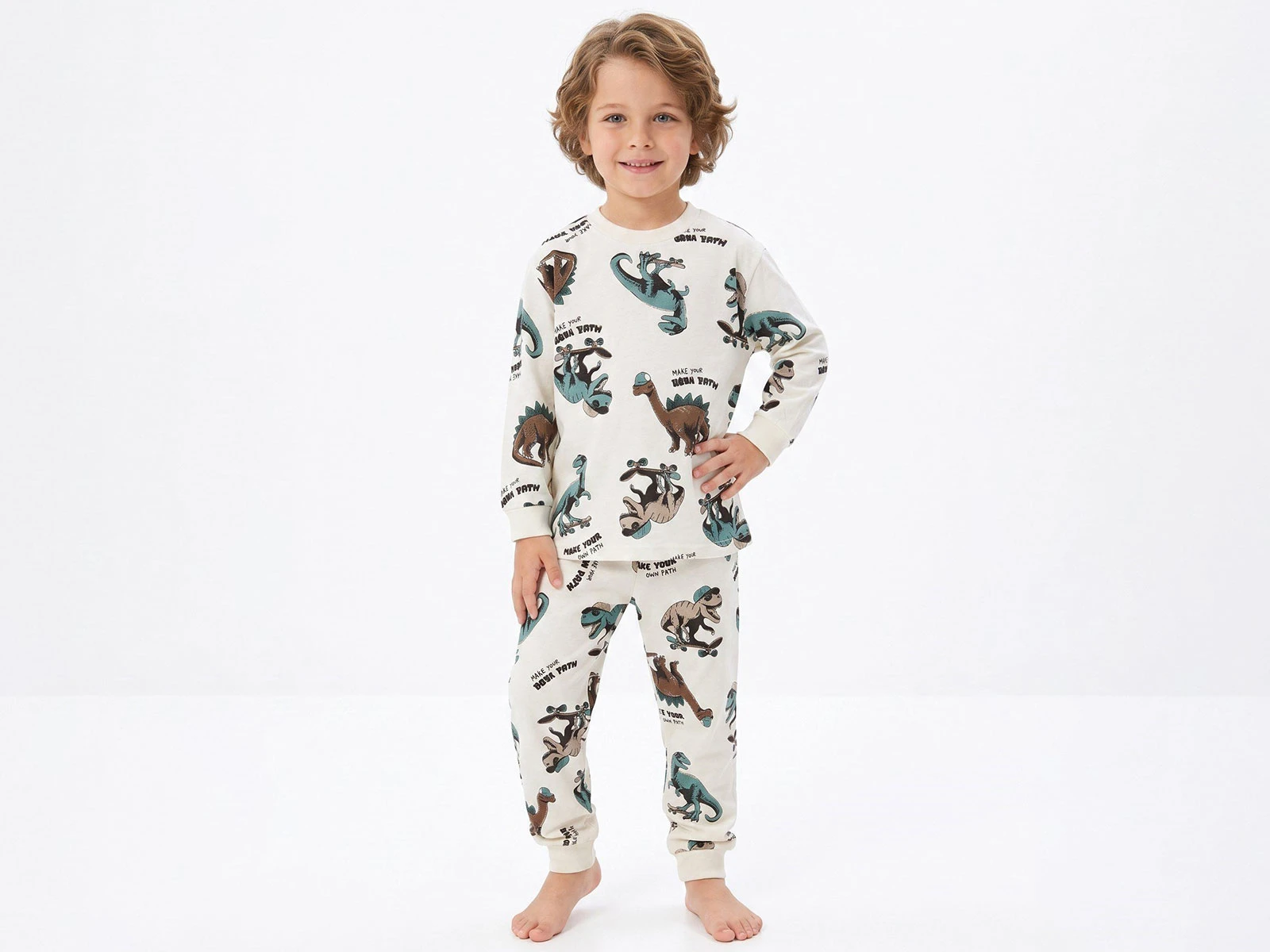 Toptan İSOBEL Dino Baskılı Erkek Pijama Takım Toptan Bebek Çocuk Giyim - Beniz Kids