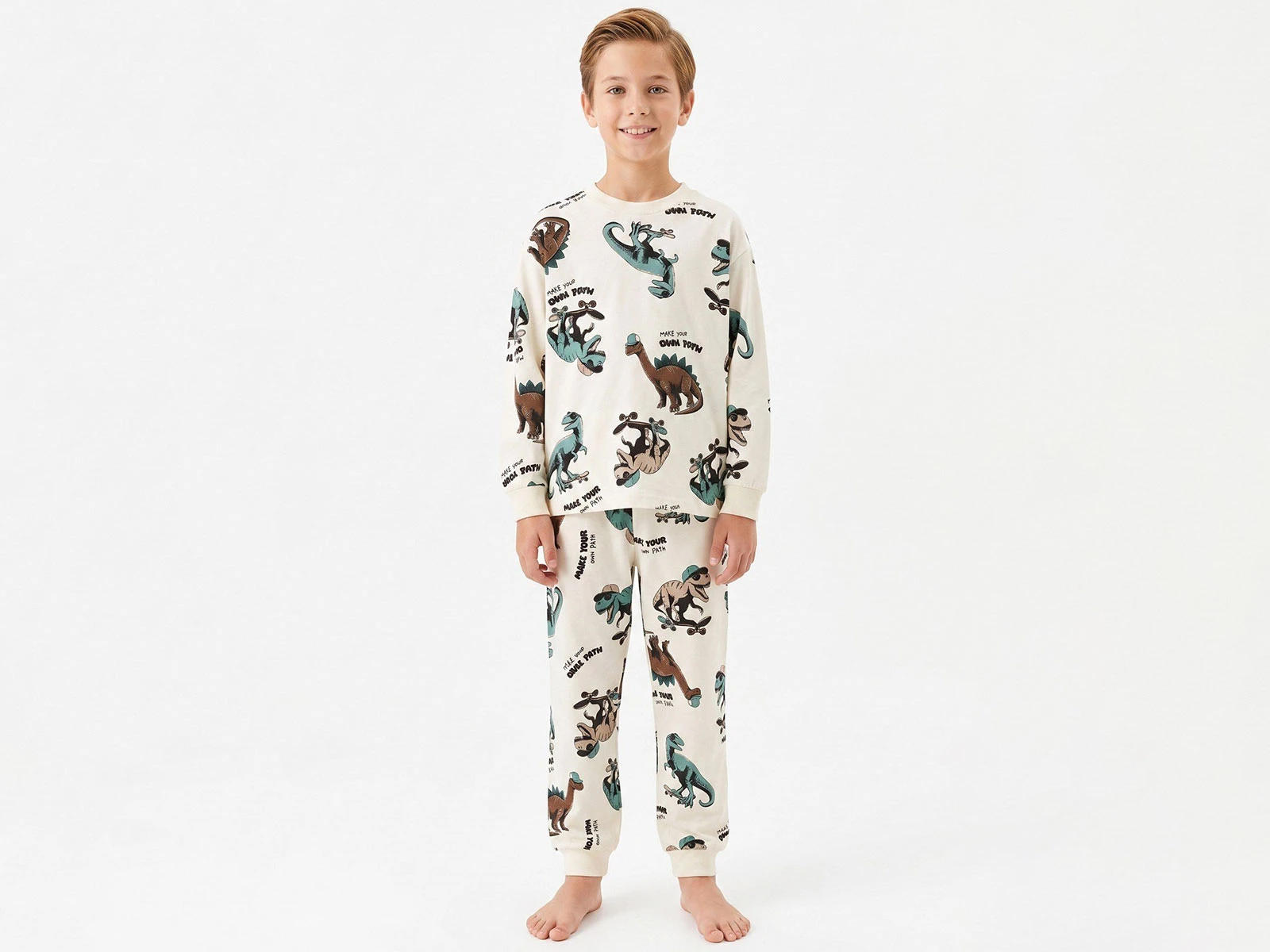 Toptan İSOBEL Dino Baskılı Erkek Pijama Takım Toptan Bebek Çocuk Giyim - Beniz Kids