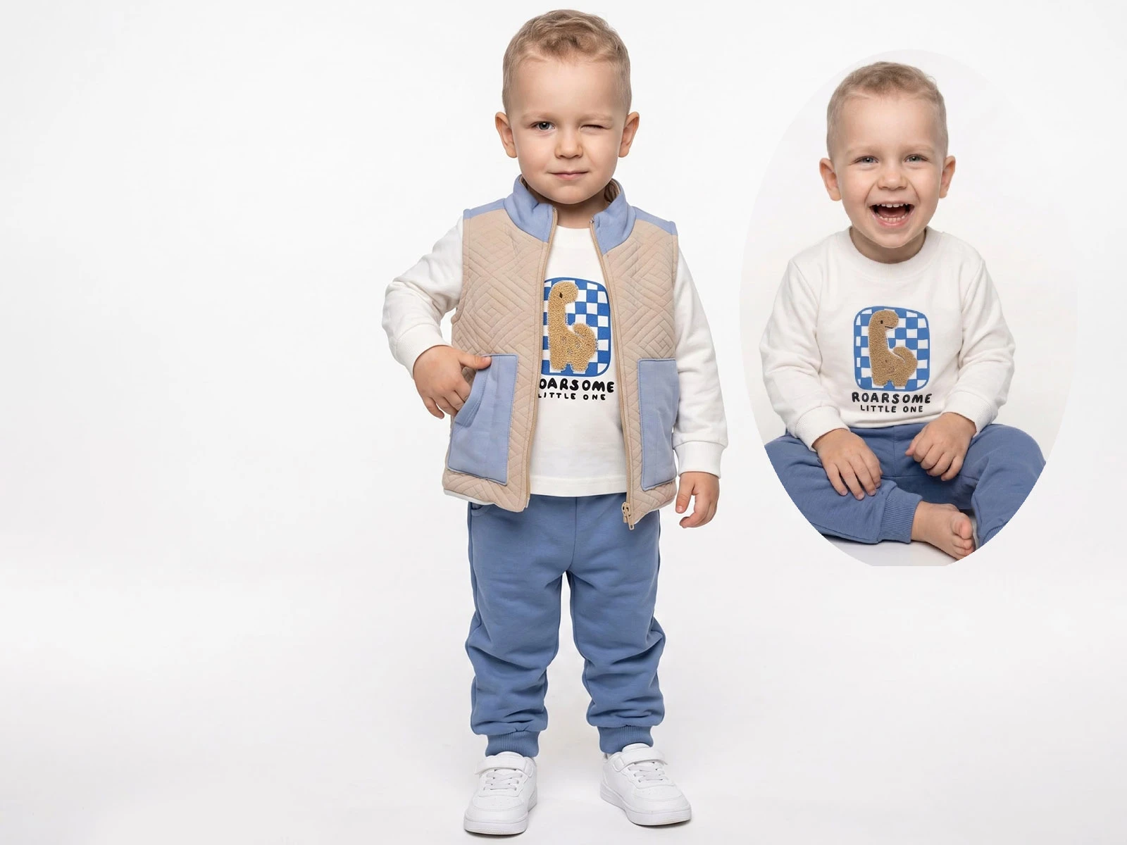 Toptan BEBLY Dino Baskılı Yelekli Erkek Bebe Üçlü Takım  Toptan Bebek Çocuk Giyim - Beniz Kids