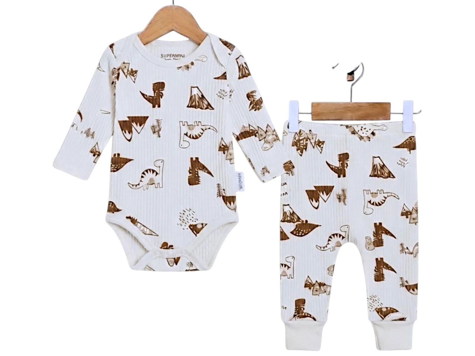Toptan SÜPERMİNİ  Dino Desenli Erkek Bebe Takım 3 Toptan Bebek Çocuk Giyim - Beniz Kids