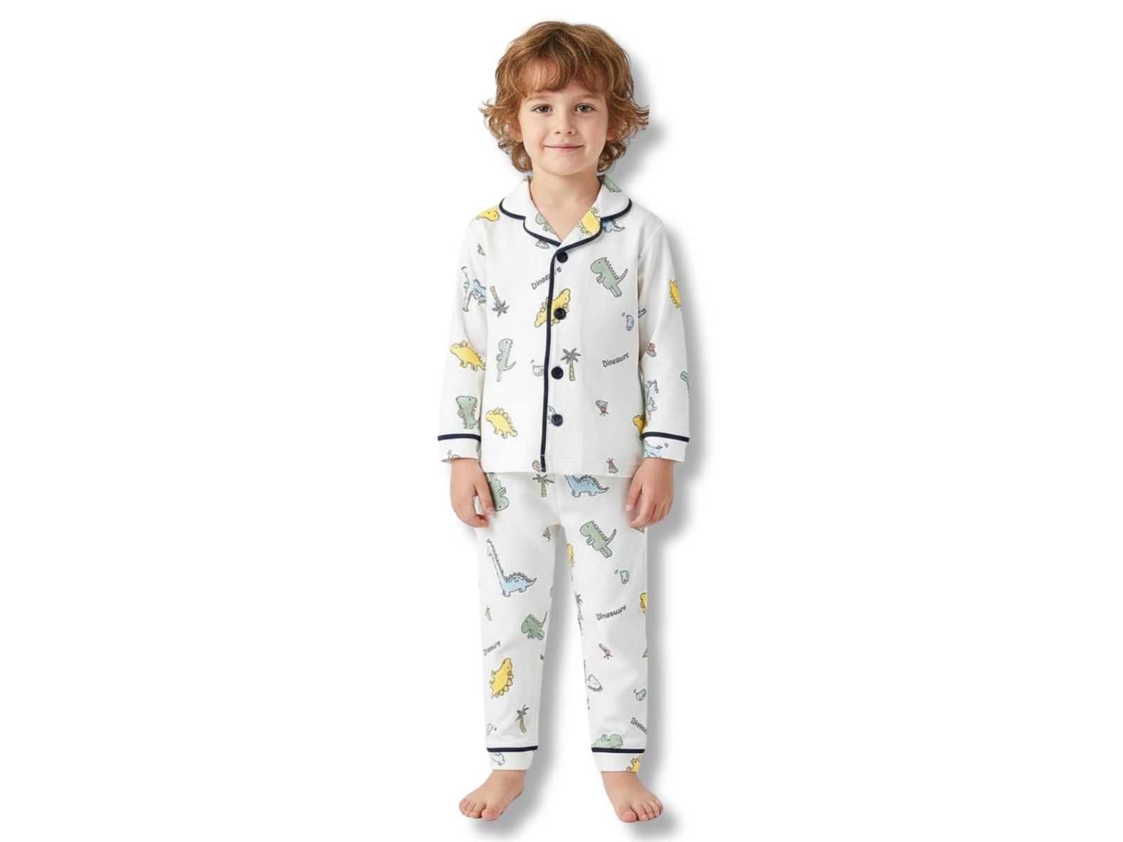 Dino Desenli Yakalı Düğmeli Erkek Pijama Takım