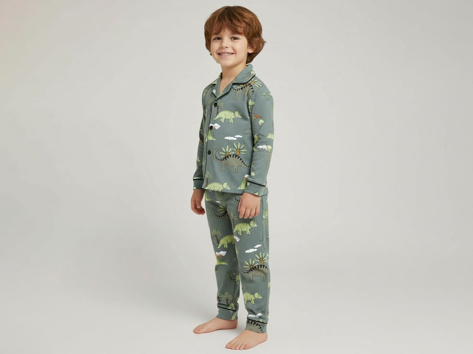 Dinozor Desenli Yakalı Düğmeli Erkek Pijama Takım