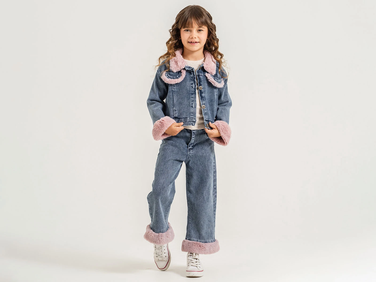 Toptan PAMPAL KİDS Düğmeli Cepli Kot Ceketli Kız Takım  Toptan Bebek Çocuk Giyim - Beniz Kids