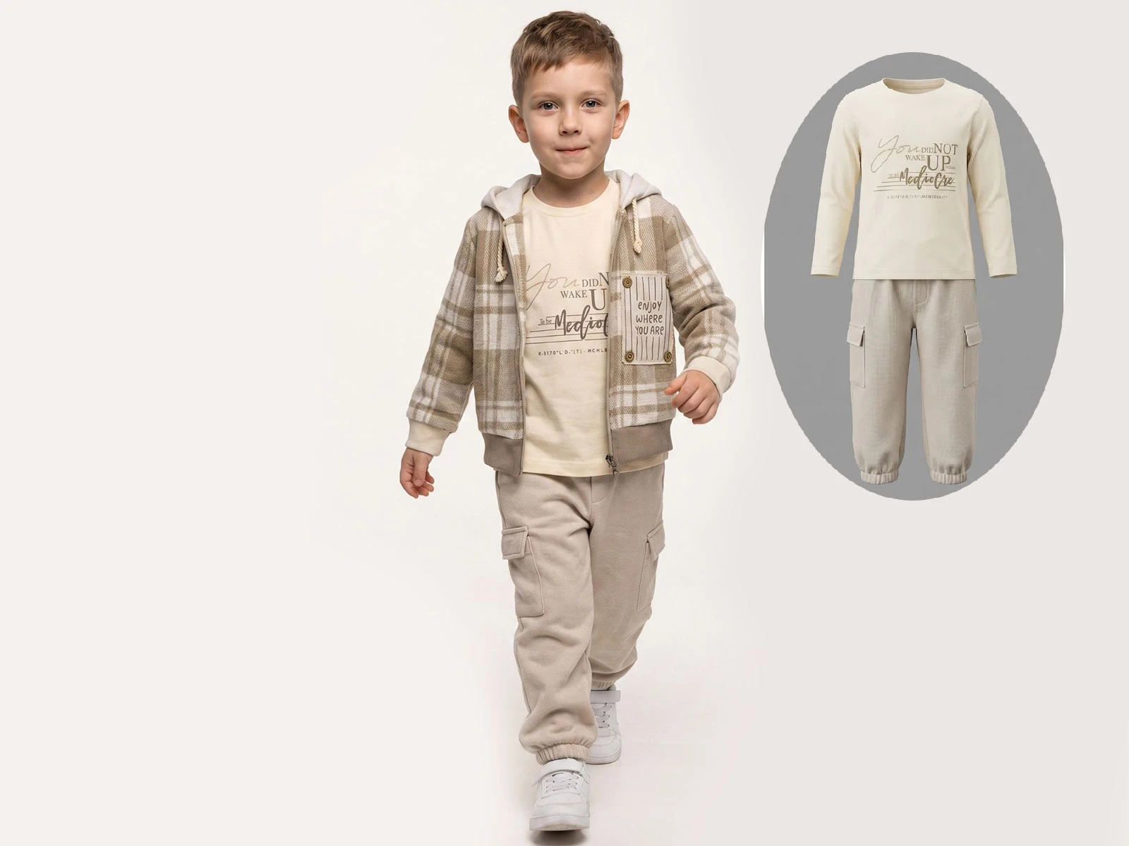 Toptan JUNİOR CLASS Ekose Desenli Kapşonlu Hırkalı Erkek Üçlü Takım  Toptan Bebek Çocuk Giyim - Beniz Kids