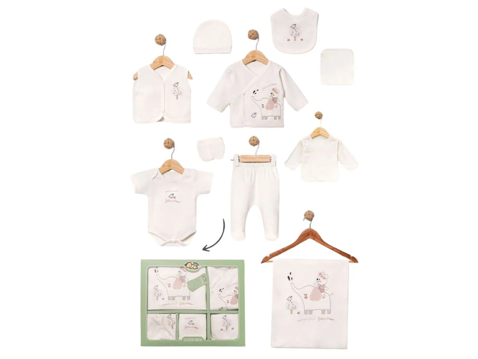 Toptan BABY ZUHU Fil Detay 10'lu Hastane Çıkışı Kız Bebek Zıbın Set Toptan Bebek Çocuk Giyim - Beniz Kids