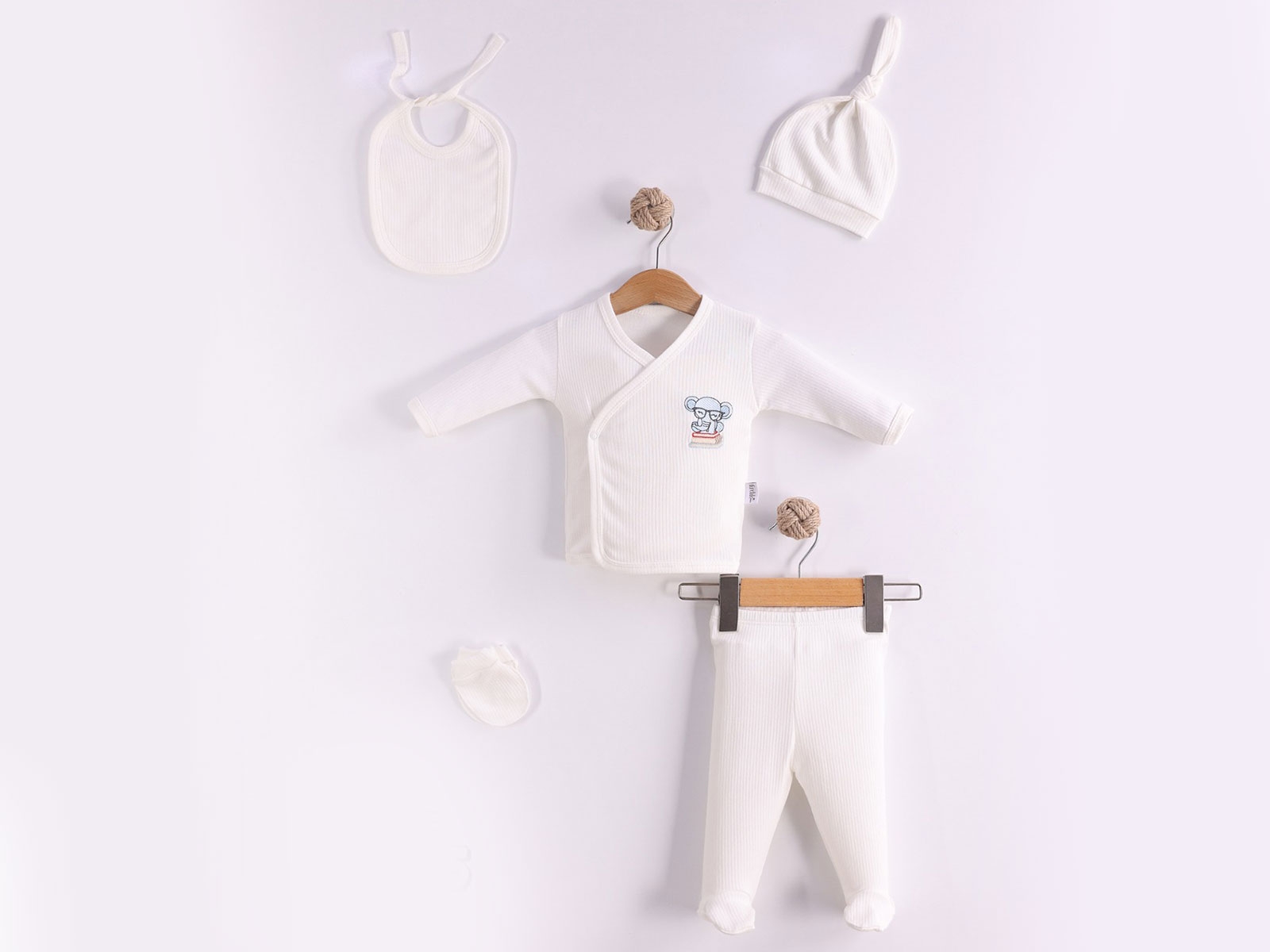 Fil Nakışlı 5li Unisex Hastane Çıkışı Zıbın Set