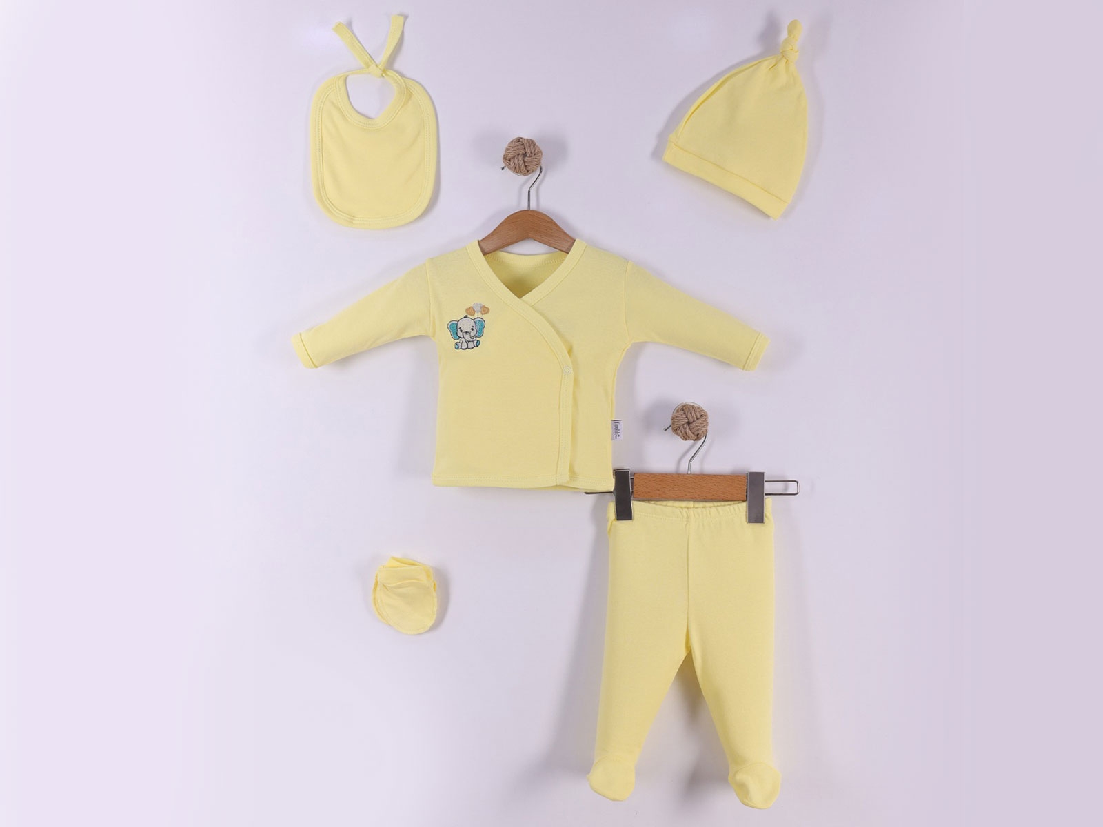 Fil Nakışlı 5li Unisex Hastane Çıkışı Zıbın Set