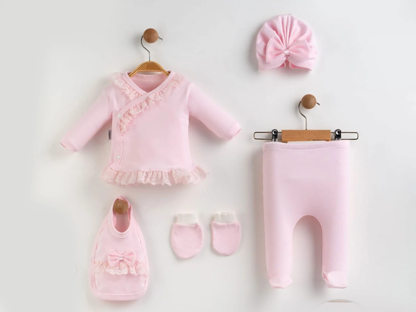 Toptan ZIPIR Fisto Detaylı Kız 5li Yenidoğan Zıbın Set Toptan Bebek Çocuk Giyim - Beniz Kids