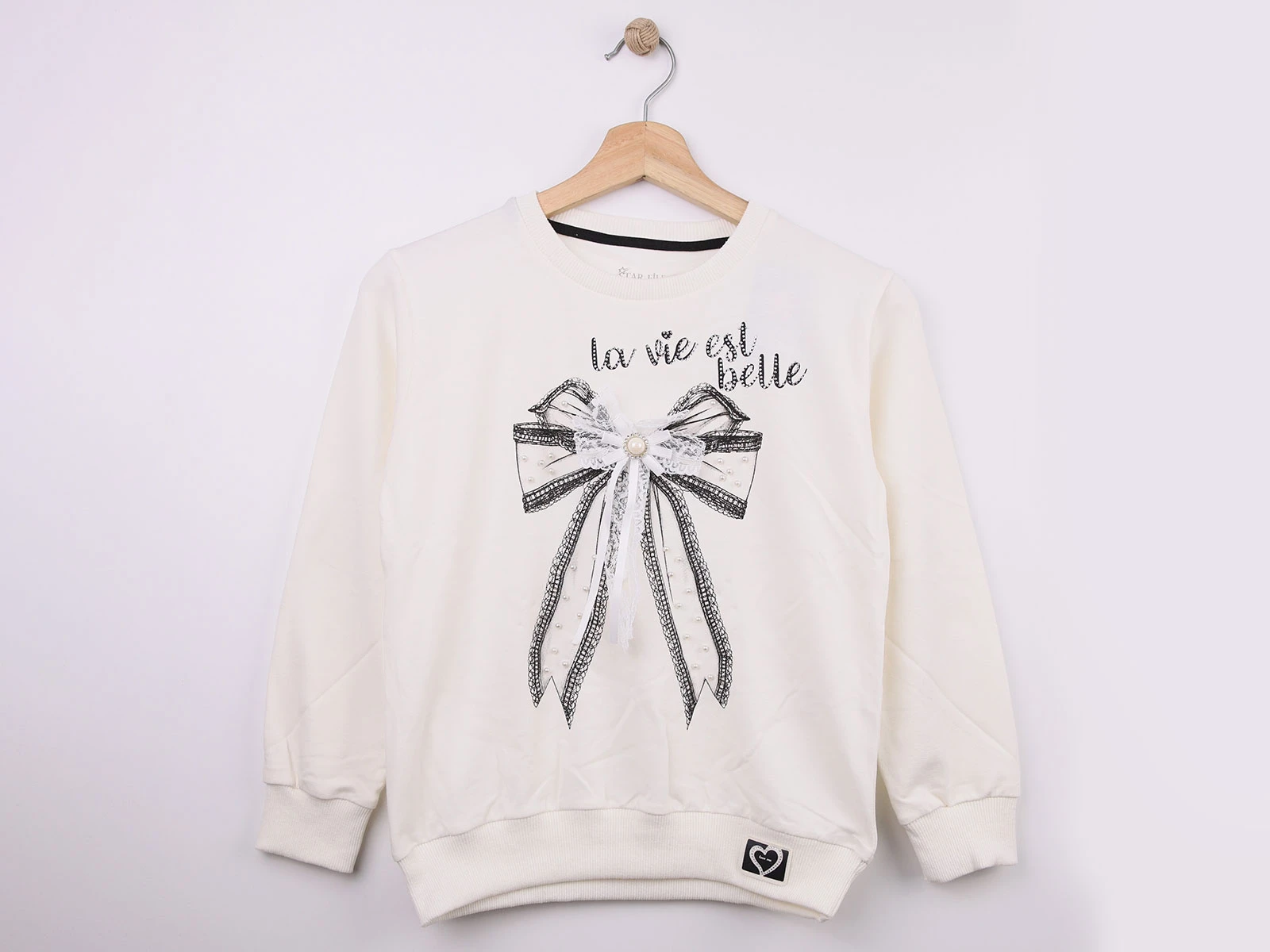 Toptan STAR FİLE Fiyonk Baskılı Dantel İşlemeli Kız Sweat  Toptan Bebek Çocuk Giyim - Beniz Kids