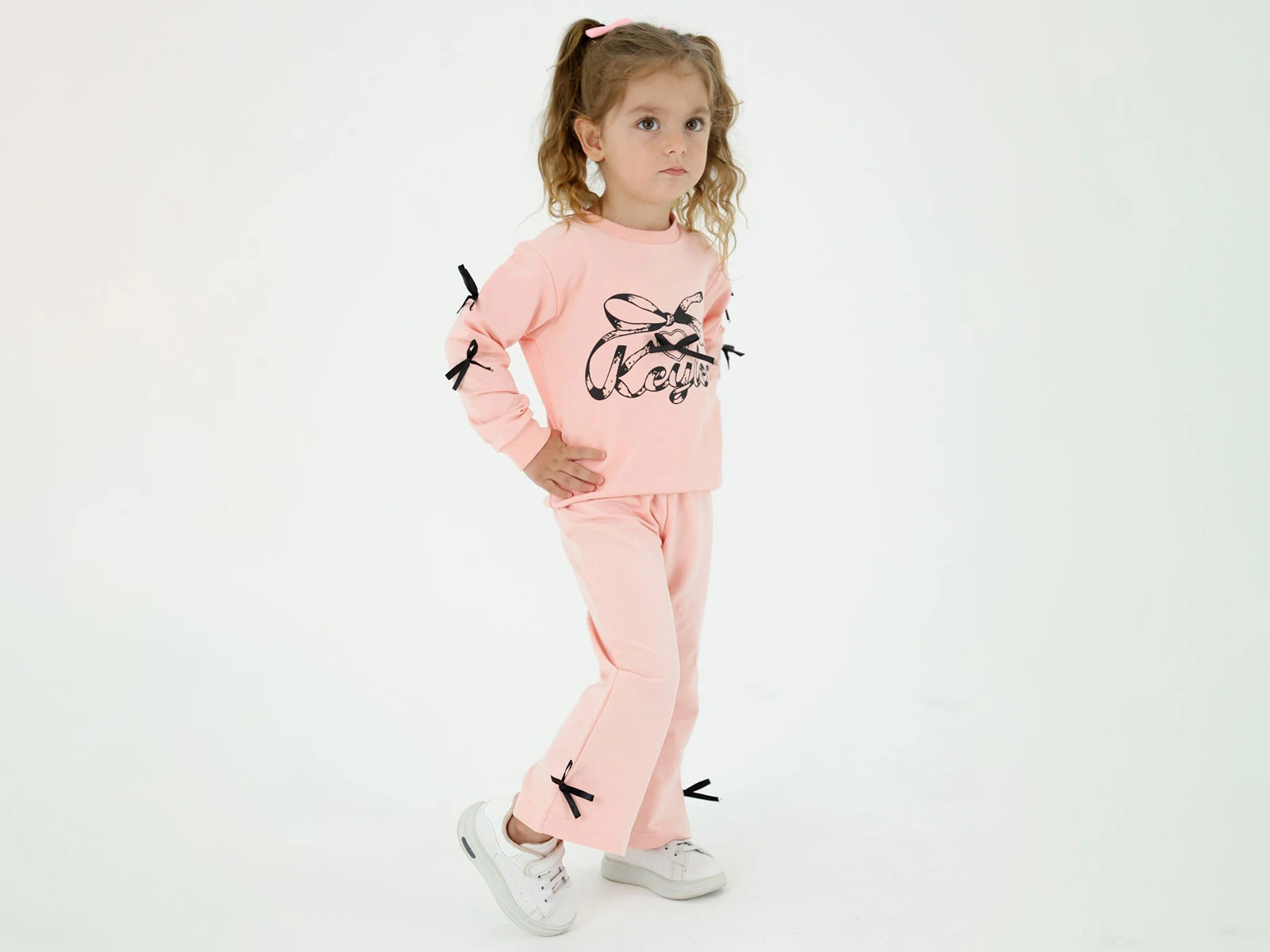 Toptan BICIR KİDS Fiyonk Baskılı Fiyonk Detaylı Kız Takım  Toptan Bebek Çocuk Giyim - Beniz Kids
