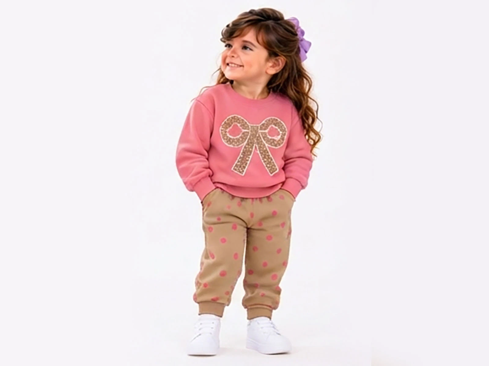 Toptan BICIR KİDS Fiyonk Baskılı Kız Takım Toptan Bebek Çocuk Giyim - Beniz Kids