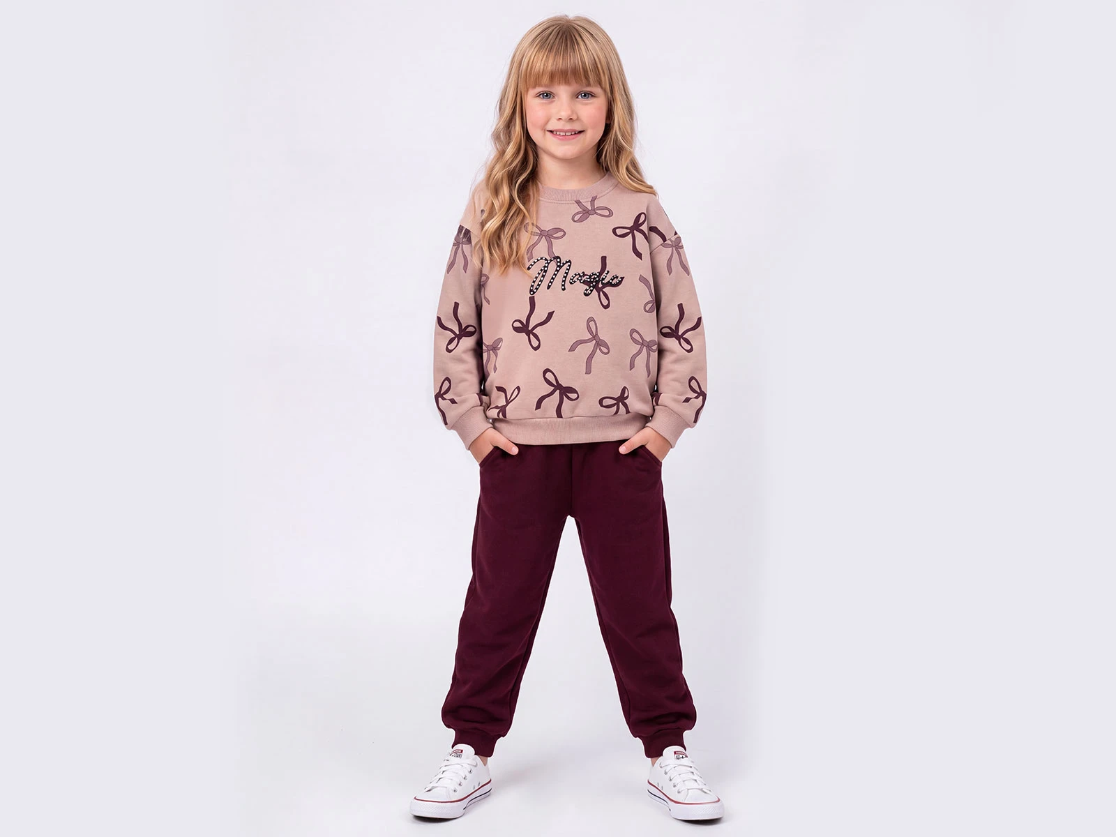 Toptan FEELY KİDS Fiyonk Baskılı Taş Detaylı 3 İp Şardonlu Kız Takım  Toptan Bebek Çocuk Giyim - Beniz Kids