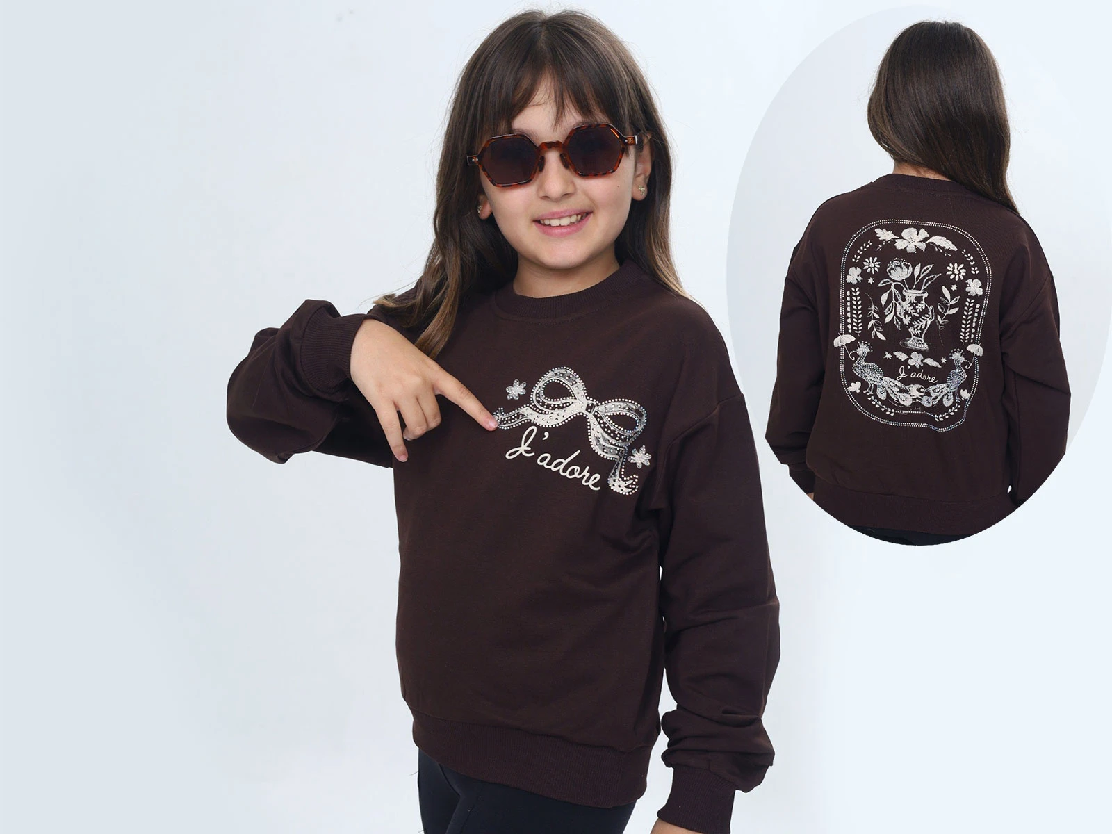 Toptan VIZVIZ Fiyonk Baskılı Taş İşlemeli 2 İp Kız Sweat  Toptan Bebek Çocuk Giyim - Beniz Kids