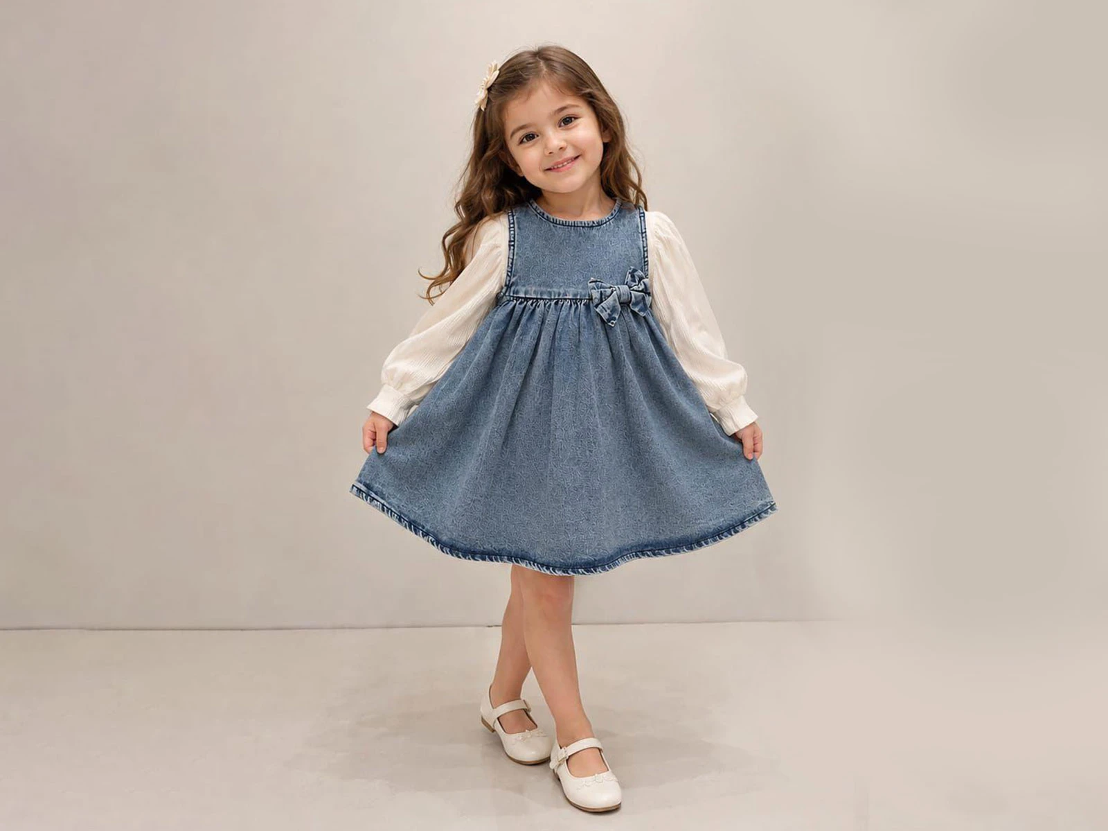 Toptan MENSİS Fiyonk Detaylı İkili Kot Elbise Set Toptan Bebek Çocuk Giyim - Beniz Kids