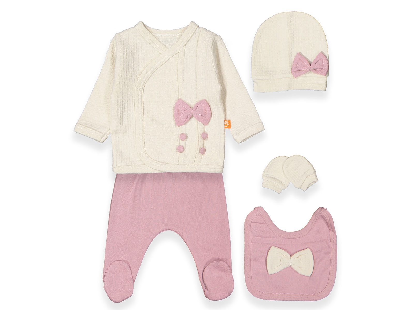 Fiyonk Detaylı Kız Bebe 5li  Zıbın Set