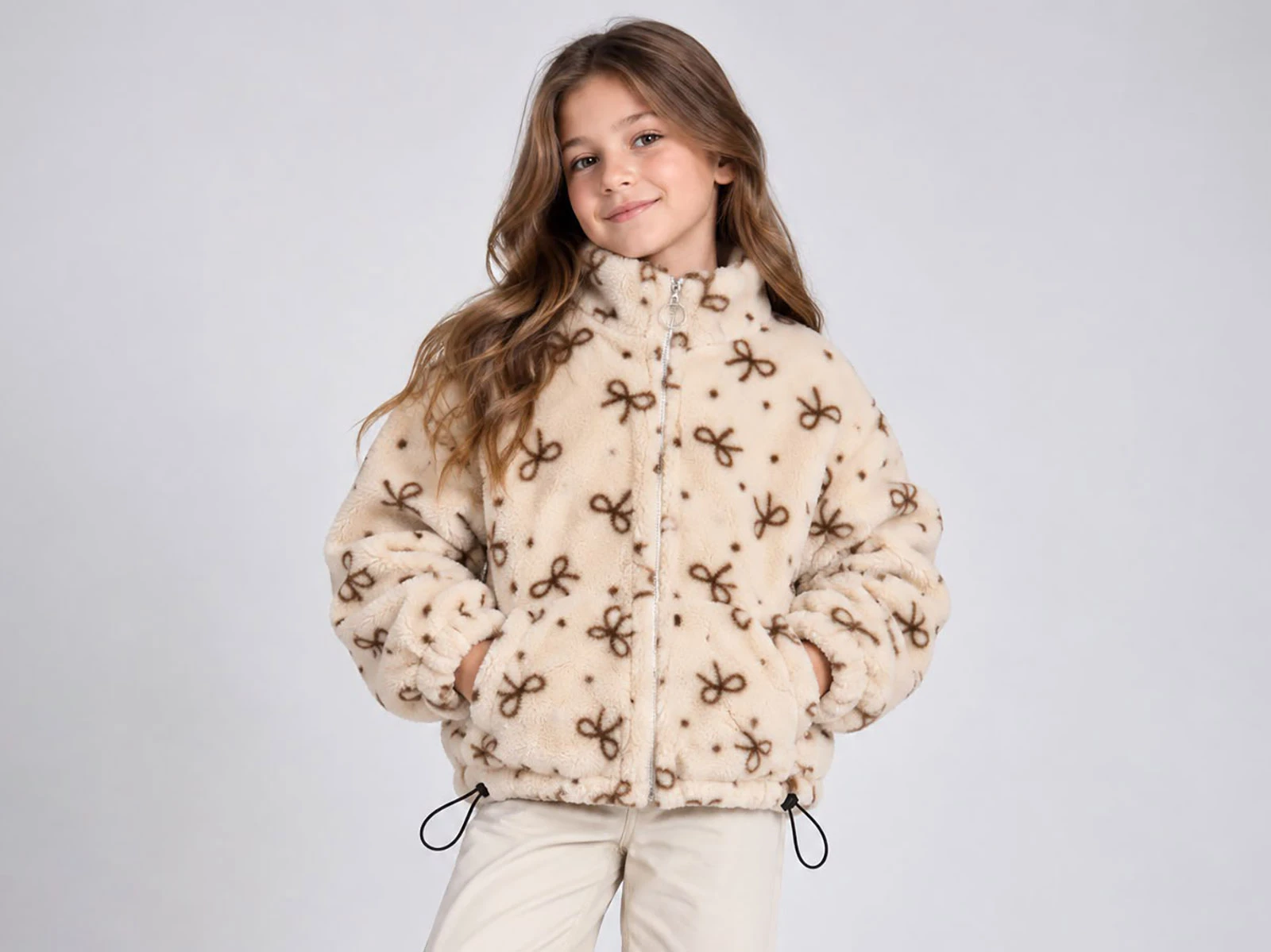 Toptan ÖZ BEBE Fiyonk Detaylı Kız Peluş Mont Toptan Bebek Çocuk Giyim - Beniz Kids
