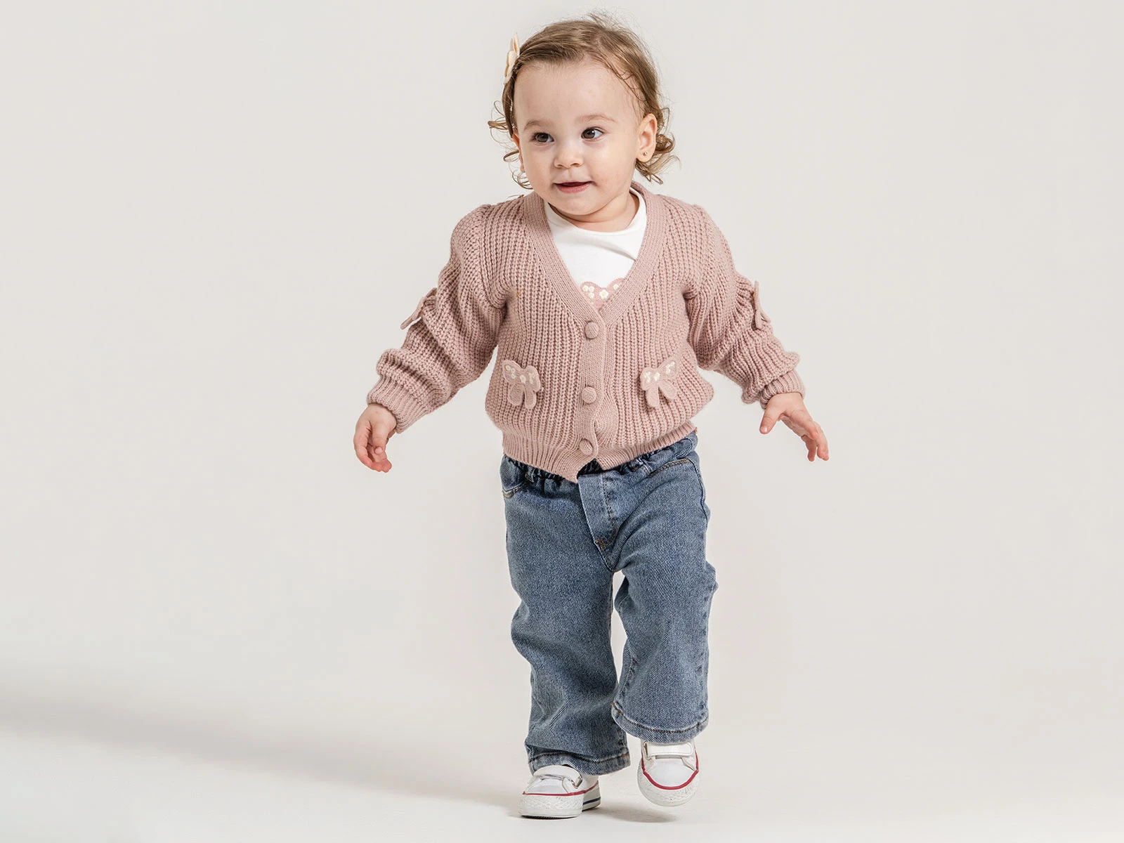 Toptan PAMPAL KİDS Fiyonk Detaylı Triko Hırkalı Üçlü Kız Takım Toptan Bebek Çocuk Giyim - Beniz Kids